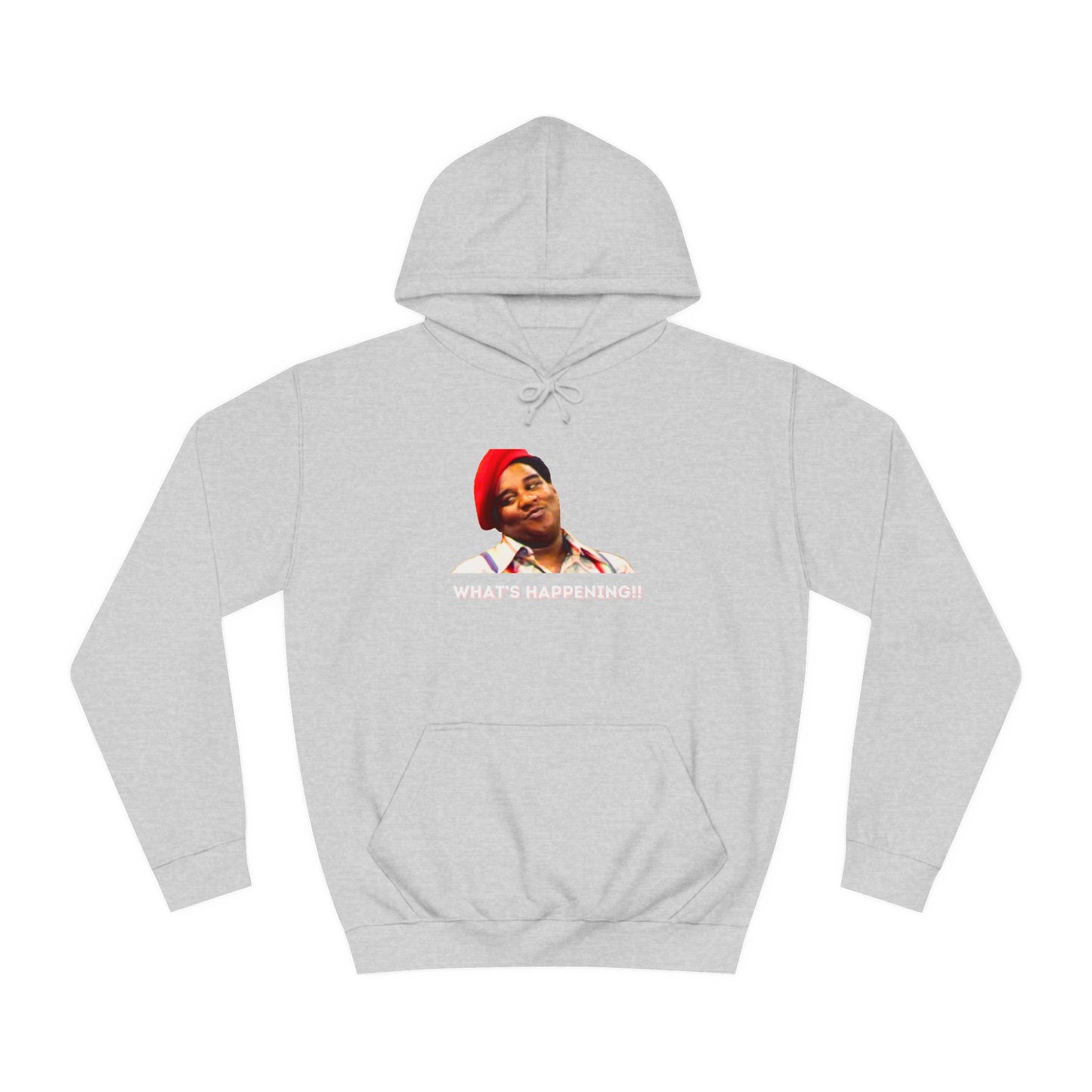 A black Printify college hoodie called "Rerun - Fred Barry - What's Happening!!" featuring an image of Fred Berry smiling and wearing his iconic red cap, with "WHAT'S HAPPENING!!" printed in white letters.