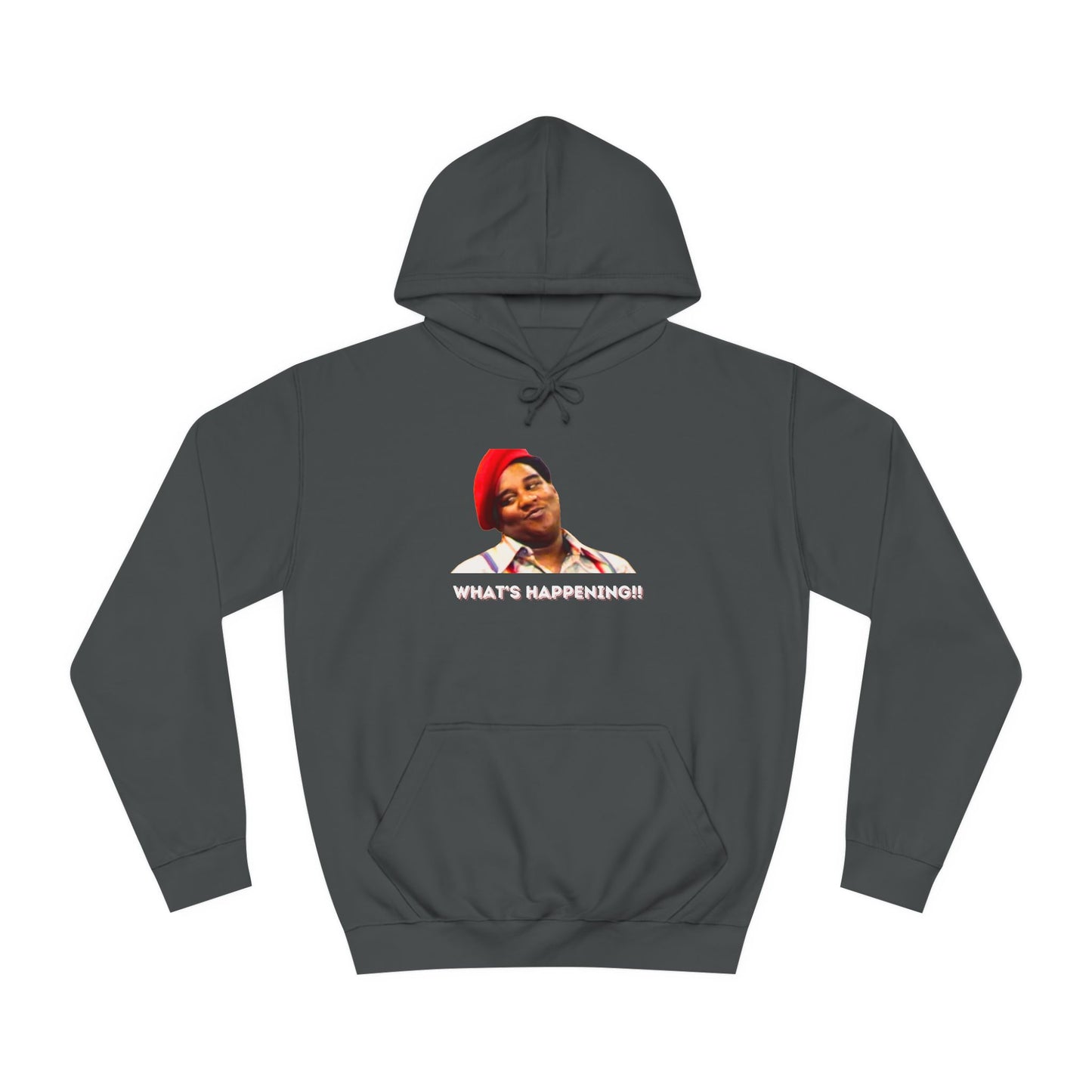 A black Printify college hoodie called "Rerun - Fred Barry - What's Happening!!" featuring an image of Fred Berry smiling and wearing his iconic red cap, with "WHAT'S HAPPENING!!" printed in white letters.