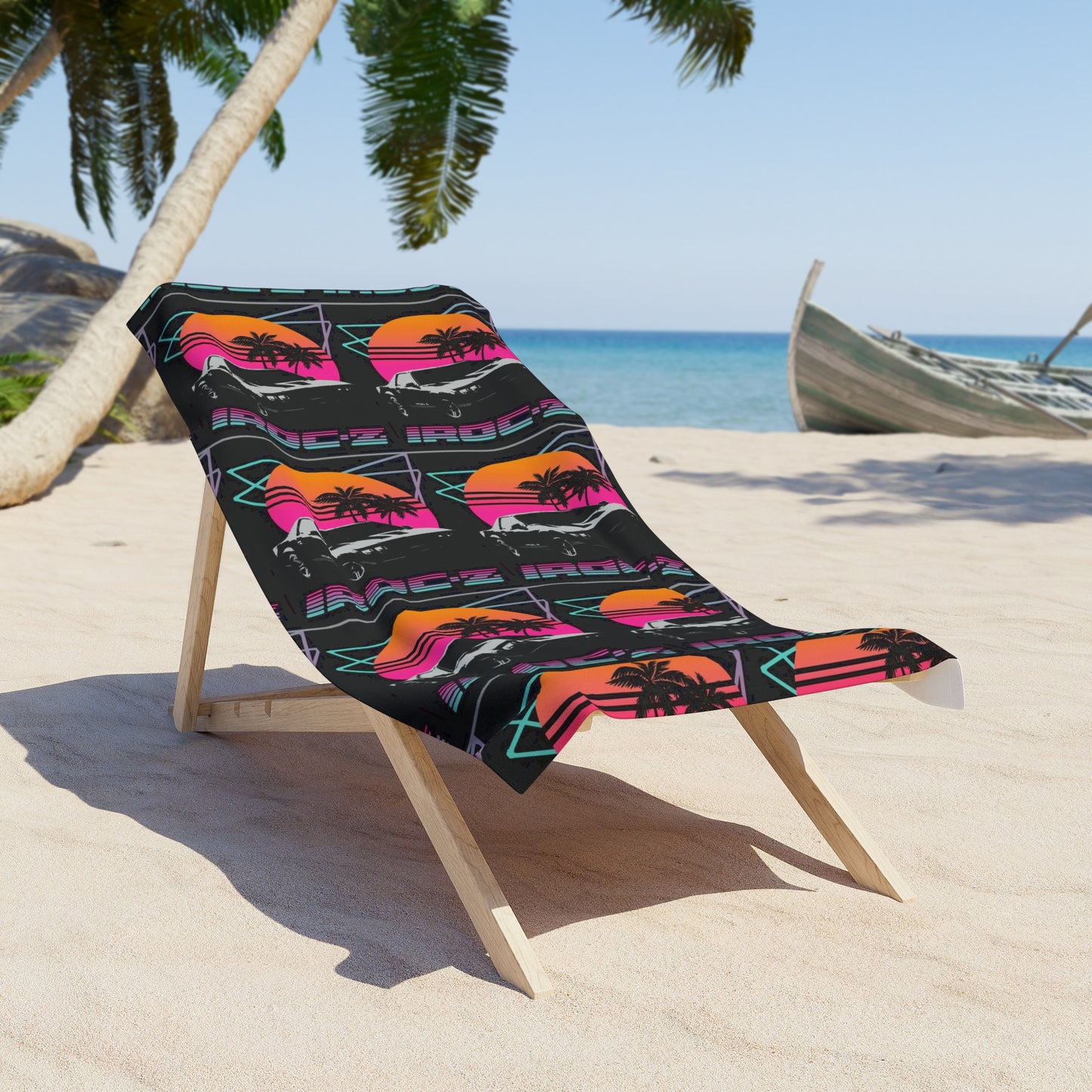 Introducing the luxurious Chevrolet 1980s Camaro Iroc Z Z28 - Beach Towel by Printify. This beach towel boasts a stunning repeating pattern of retro-style designs, featuring a car, palm trees, a vibrant orange sun, and an array of geometric shapes in pink, blue, and green. The word "BEACH" is stylishly written vertically on the side in eye-catching neon colors.
