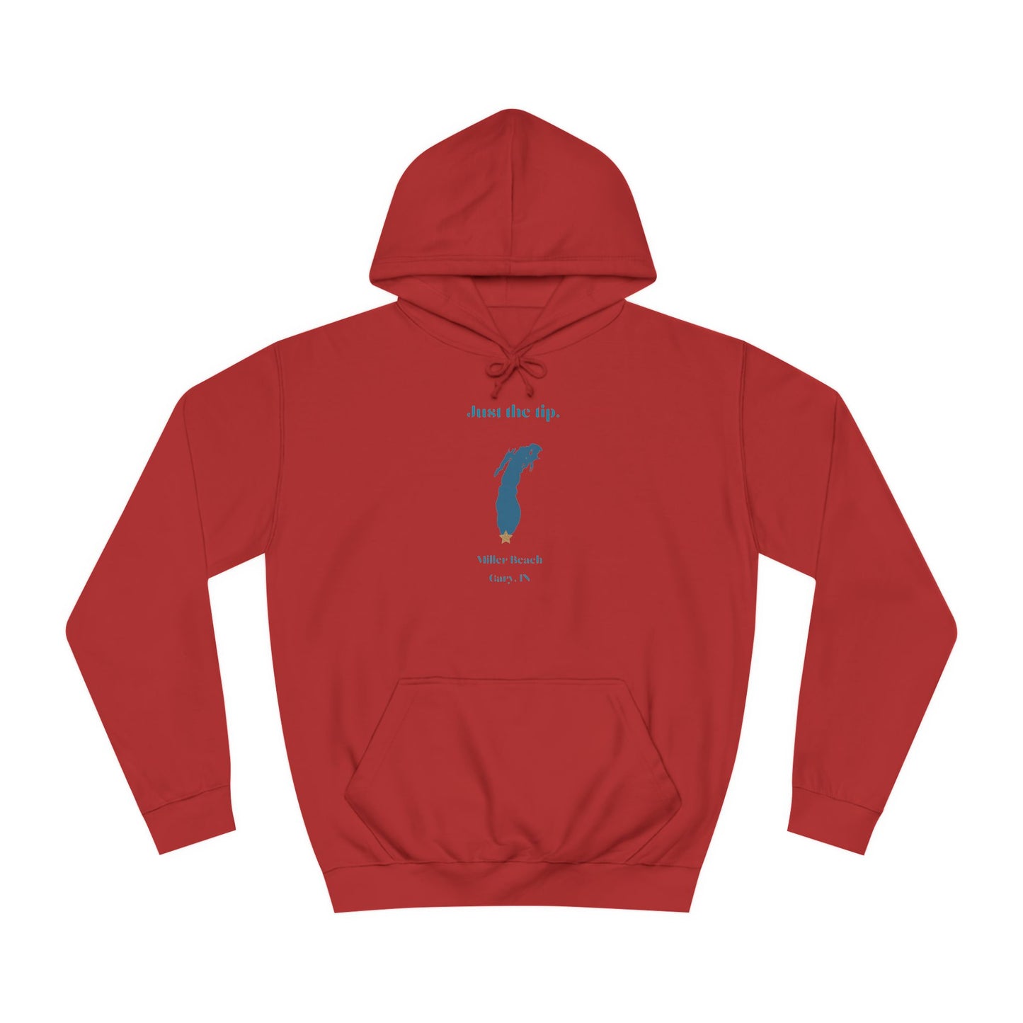 The Just the Tips - Miller Beach Unisex College Hoodie by Printify features a premium tri-blend fabric in dark green, showcasing a minimalist blue outline of a lake with the text "Just the Tip. White Bear Lake, Minn., IN" above it. With its front pocket and drawstring hood, it's an ideal choice for casual strolls at Miller Beach.