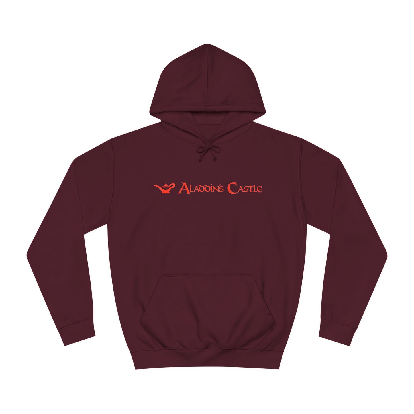 A navy blue unisex college hoodie from Printify, showcasing a red logo and the text "Aladdin's Castle Arcade" on the front. The design is simple and centered, capturing gamers' nostalgia with its casual and stylish retro 1980s vibe.