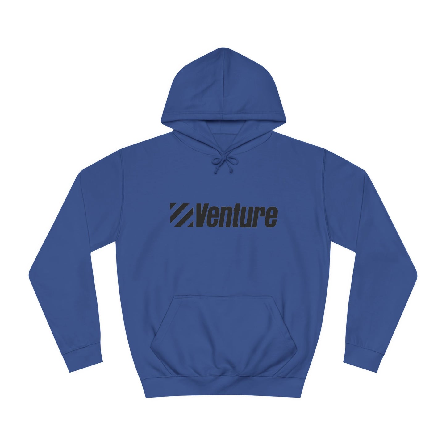 This light gray unisex college hoodie from Printify features the word "Venture" and a stylized logo printed in black on the front. It harkens back to retro retail therapy with a front pocket and drawstring hood, seamlessly blending nostalgic style with modern comfort. The product name is Venture Stores - 1980s Logo - Unisex College Hoodie.