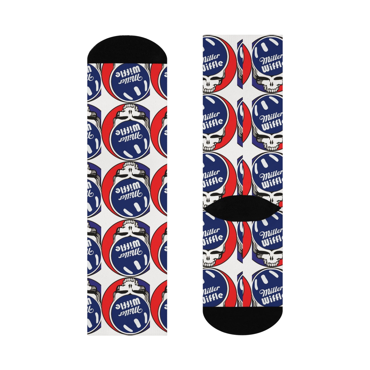A person is wearing cushioned crew socks from Printify, featuring a repeating red, white, and blue circular "Miller Wiffel" logo atop a wiffle ball icon. These knee-high socks have black toes and heels against a plain white background, ensuring comfort with every step.