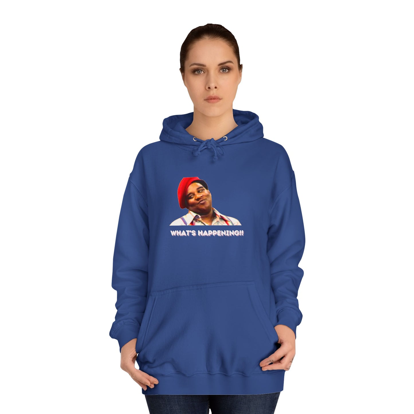 A black Printify college hoodie called "Rerun - Fred Barry - What's Happening!!" featuring an image of Fred Berry smiling and wearing his iconic red cap, with "WHAT'S HAPPENING!!" printed in white letters.