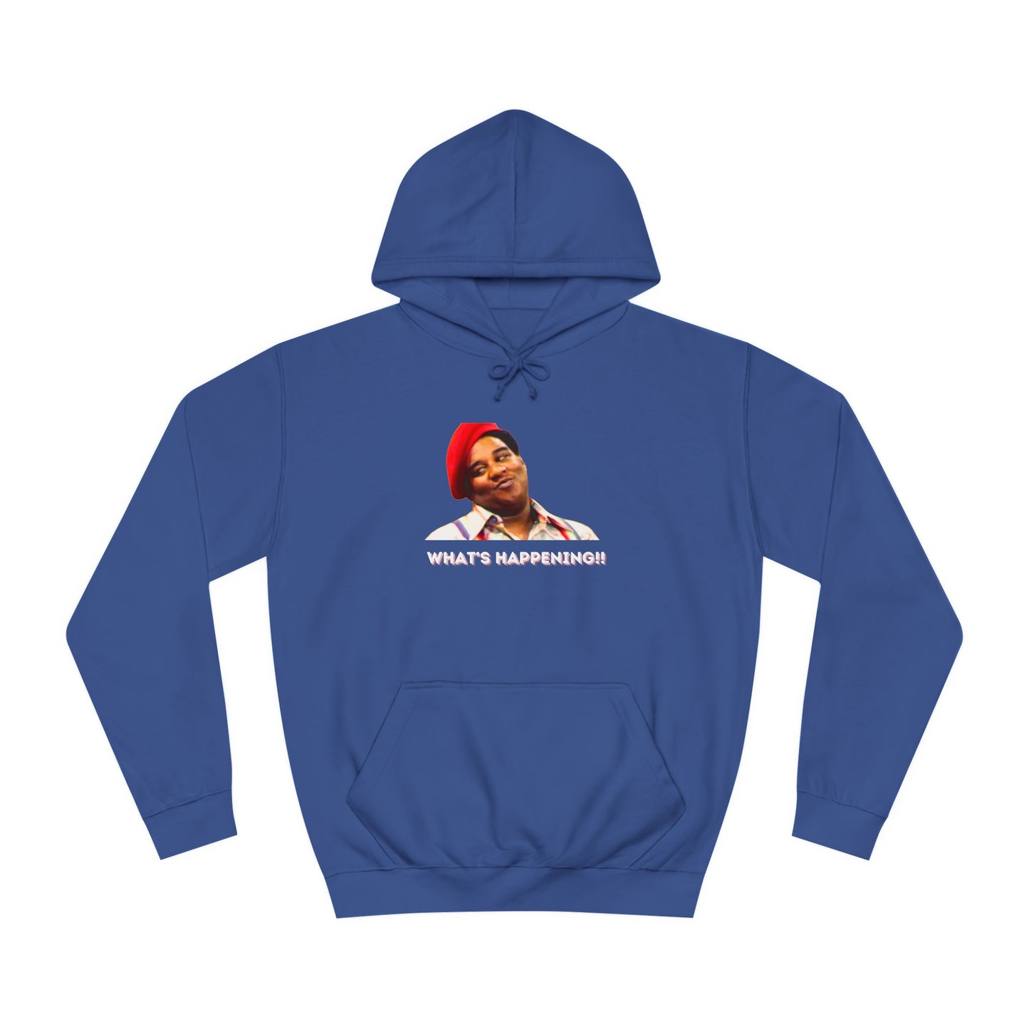 A black Printify college hoodie called "Rerun - Fred Barry - What's Happening!!" featuring an image of Fred Berry smiling and wearing his iconic red cap, with "WHAT'S HAPPENING!!" printed in white letters.