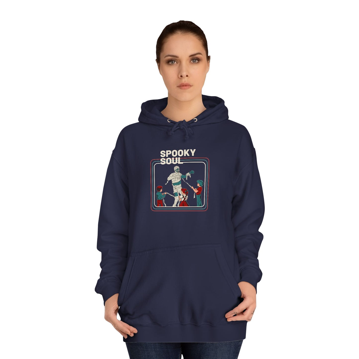 Get into the Halloween spirit with Printify's Spooky Soul - Halloween Unisex College Hoodie in maroon. This hoodie features a retro-style graphic of a dancing mummy and two skeletons, making it ideal for anyone who enjoys the playful thrill of a haunted house adventure.