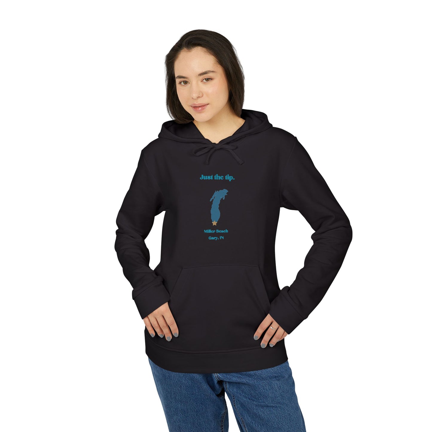 The Just the Tip - Miller Beach - Adidas® Unisex Fleece Hoodie by Printify provides cozy comfort with its modest blue graphic centrally placed on a red design. This sustainable hoodie features long sleeves and a hood, complemented by a practical front pocket, all showcased against a simple white backdrop.