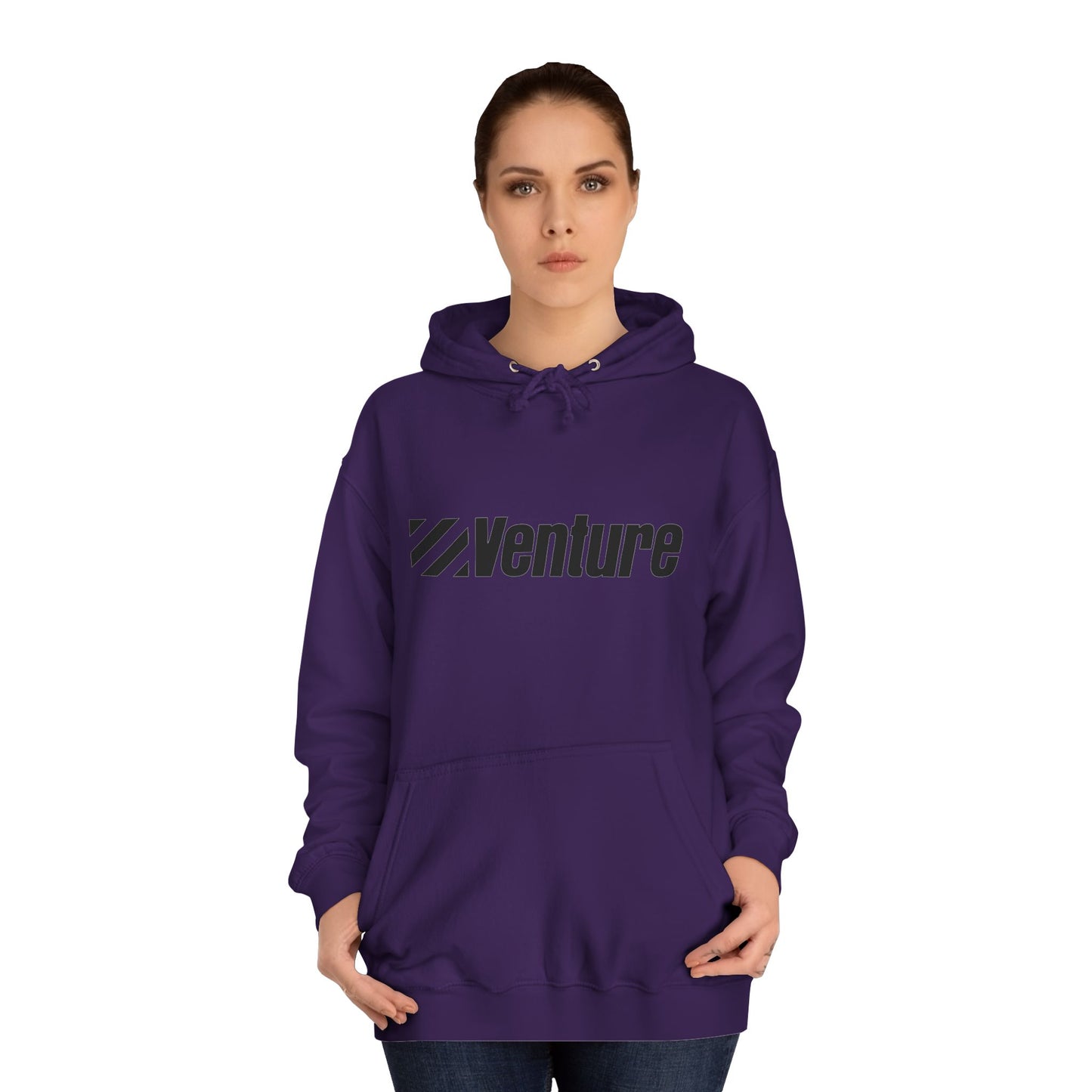This light gray unisex college hoodie from Printify features the word "Venture" and a stylized logo printed in black on the front. It harkens back to retro retail therapy with a front pocket and drawstring hood, seamlessly blending nostalgic style with modern comfort. The product name is Venture Stores - 1980s Logo - Unisex College Hoodie.