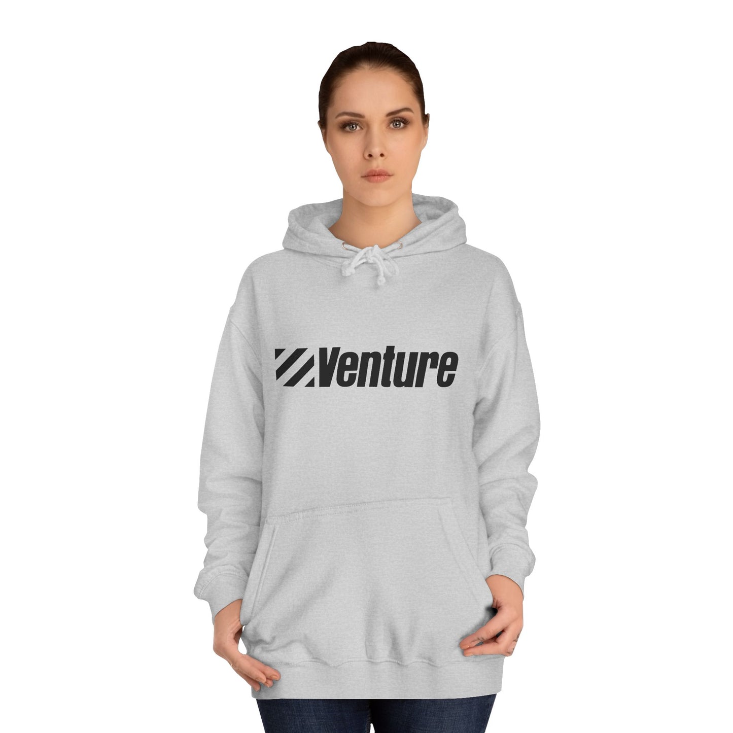 This light gray unisex college hoodie from Printify features the word "Venture" and a stylized logo printed in black on the front. It harkens back to retro retail therapy with a front pocket and drawstring hood, seamlessly blending nostalgic style with modern comfort. The product name is Venture Stores - 1980s Logo - Unisex College Hoodie.