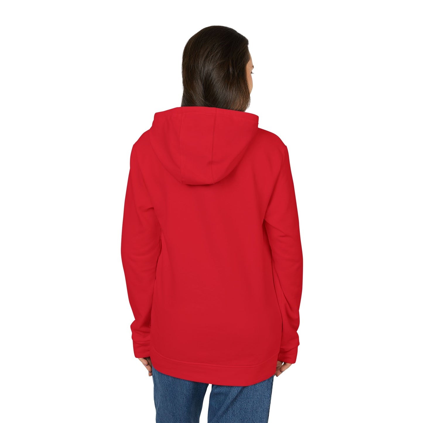 The Just the Tip - Miller Beach - Adidas® Unisex Fleece Hoodie by Printify provides cozy comfort with its modest blue graphic centrally placed on a red design. This sustainable hoodie features long sleeves and a hood, complemented by a practical front pocket, all showcased against a simple white backdrop.