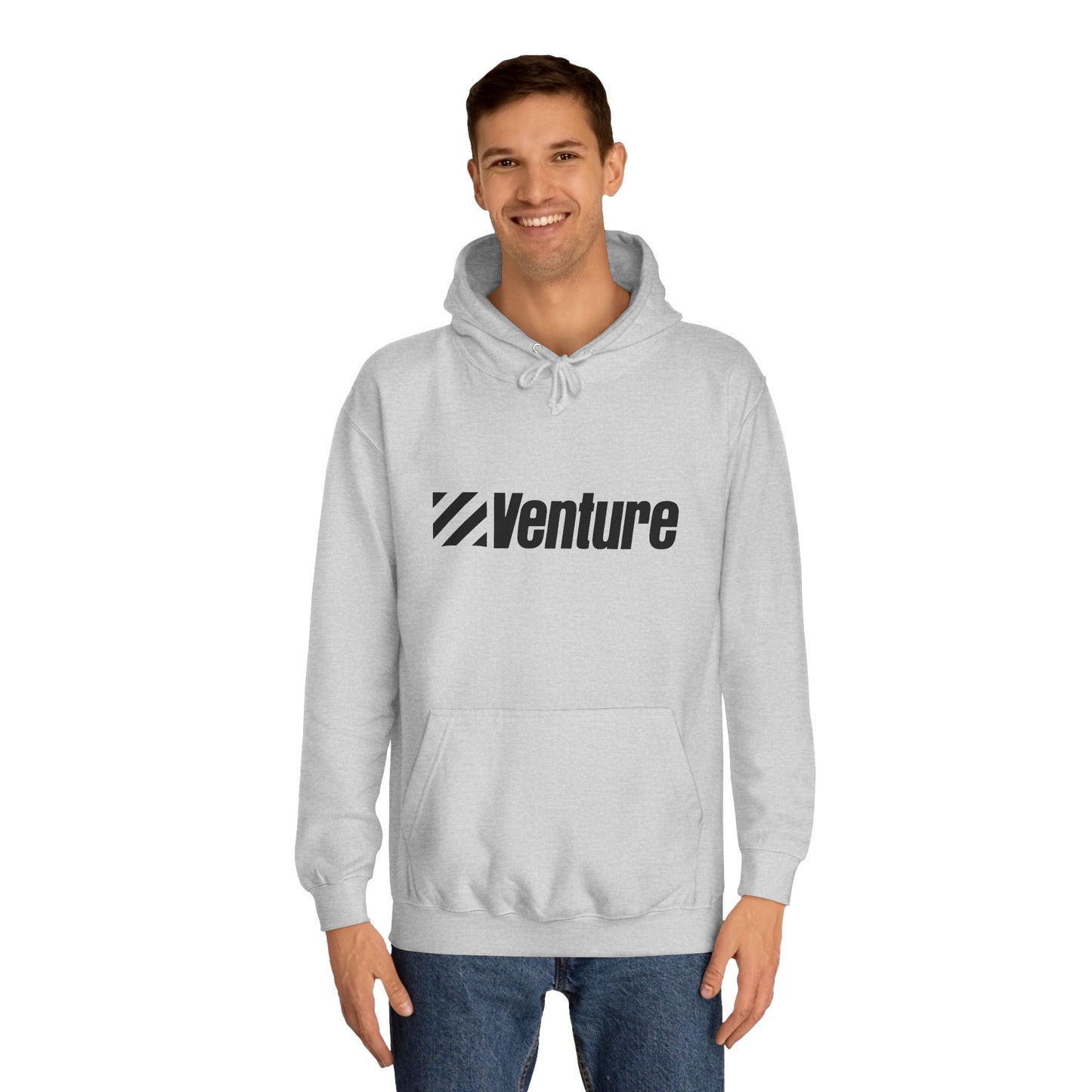 This light gray unisex college hoodie from Printify features the word "Venture" and a stylized logo printed in black on the front. It harkens back to retro retail therapy with a front pocket and drawstring hood, seamlessly blending nostalgic style with modern comfort. The product name is Venture Stores - 1980s Logo - Unisex College Hoodie.