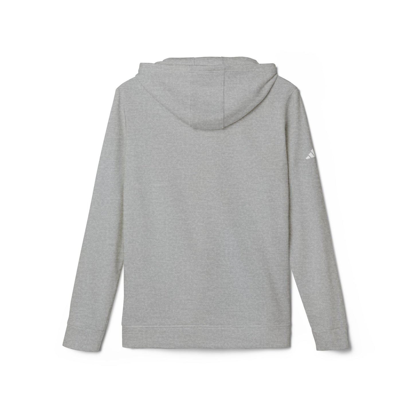 The Just the Tip - Miller Beach - Adidas® Unisex Fleece Hoodie by Printify provides cozy comfort with its modest blue graphic centrally placed on a red design. This sustainable hoodie features long sleeves and a hood, complemented by a practical front pocket, all showcased against a simple white backdrop.