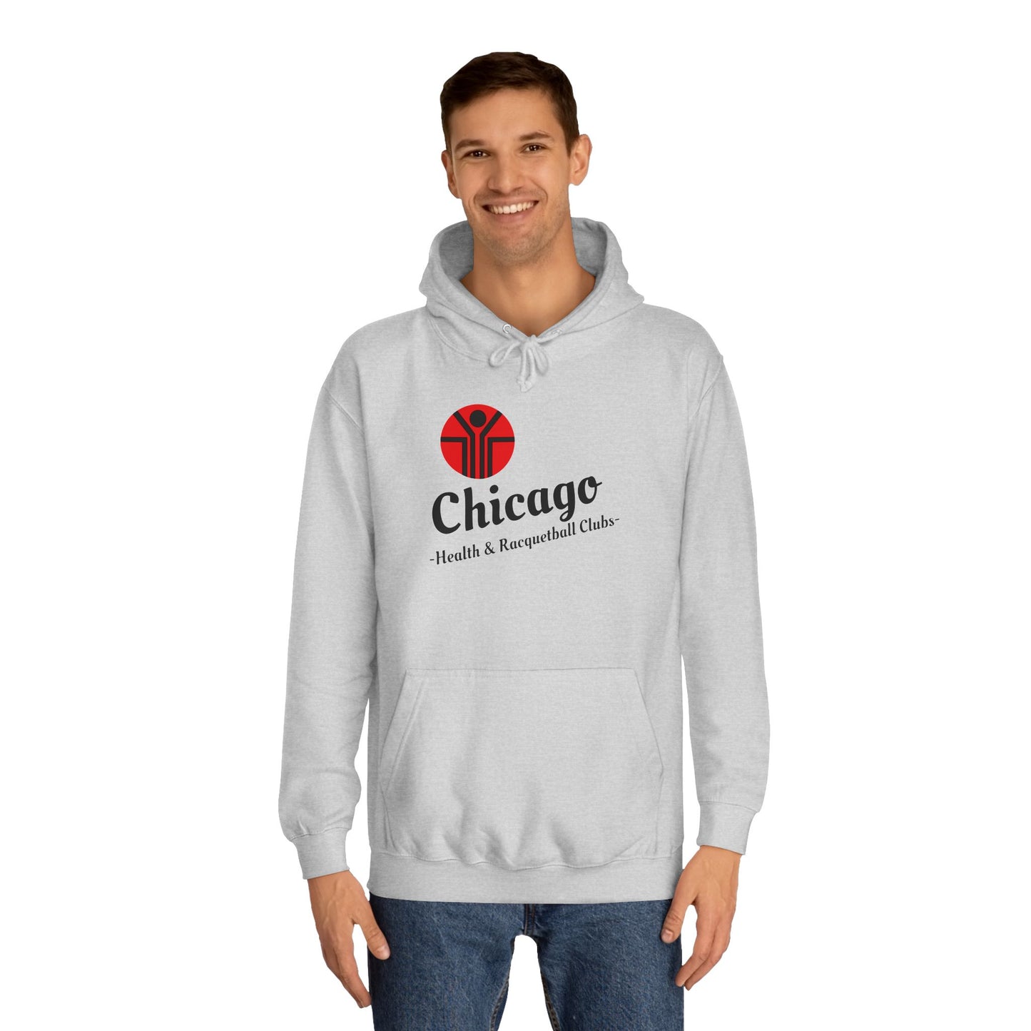 This retro hoodie from Printify features a gray design with a red and black logo depicting a stylized person reaching upward. The text "Chicago Health & Racquetball Club" adorns the front, making it perfect for vintage enthusiasts who appreciate the 1980s Chicago Health Clubs vibe. It's called the Chicago Health Clubs - Retro 1980s - Unisex College Hoodie.