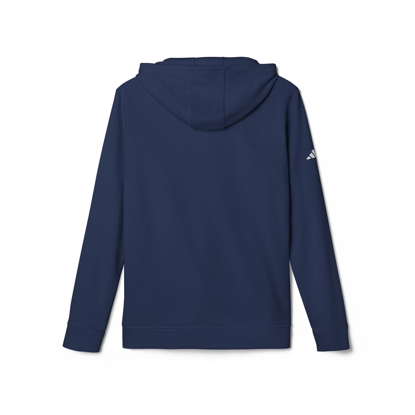 The Just the Tip - Miller Beach - Adidas® Unisex Fleece Hoodie by Printify provides cozy comfort with its modest blue graphic centrally placed on a red design. This sustainable hoodie features long sleeves and a hood, complemented by a practical front pocket, all showcased against a simple white backdrop.