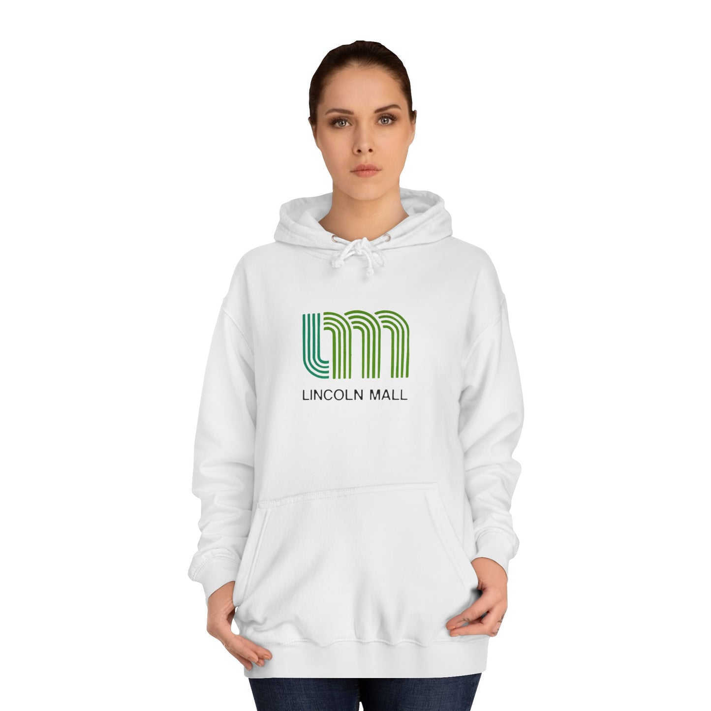 This unisex college hoodie by Printify features a gray design with a stylized green "LM" logo above the text "Lincoln Mall," inspired by the 1980s. It comes complete with a front pocket and drawstrings, capturing the retro style of Lincoln Mall, Matteson, IL.