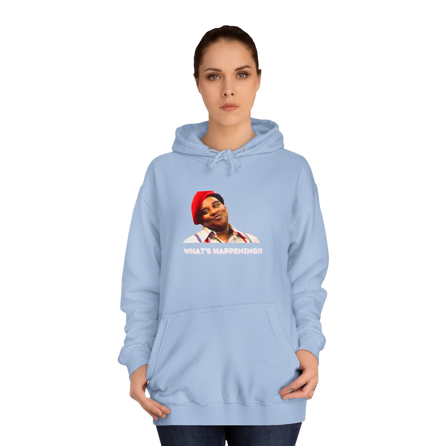 A black Printify college hoodie called "Rerun - Fred Barry - What's Happening!!" featuring an image of Fred Berry smiling and wearing his iconic red cap, with "WHAT'S HAPPENING!!" printed in white letters.
