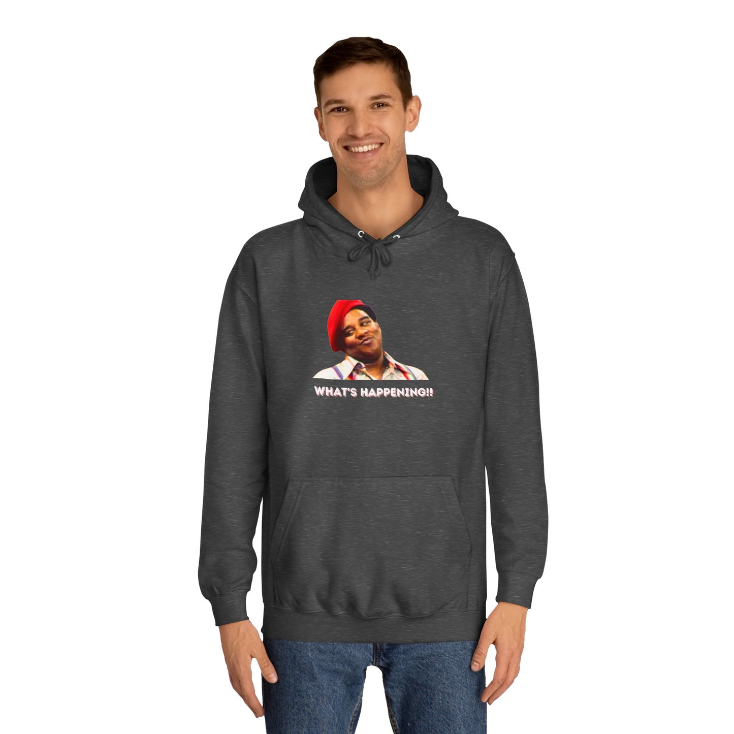 A black Printify college hoodie called "Rerun - Fred Barry - What's Happening!!" featuring an image of Fred Berry smiling and wearing his iconic red cap, with "WHAT'S HAPPENING!!" printed in white letters.