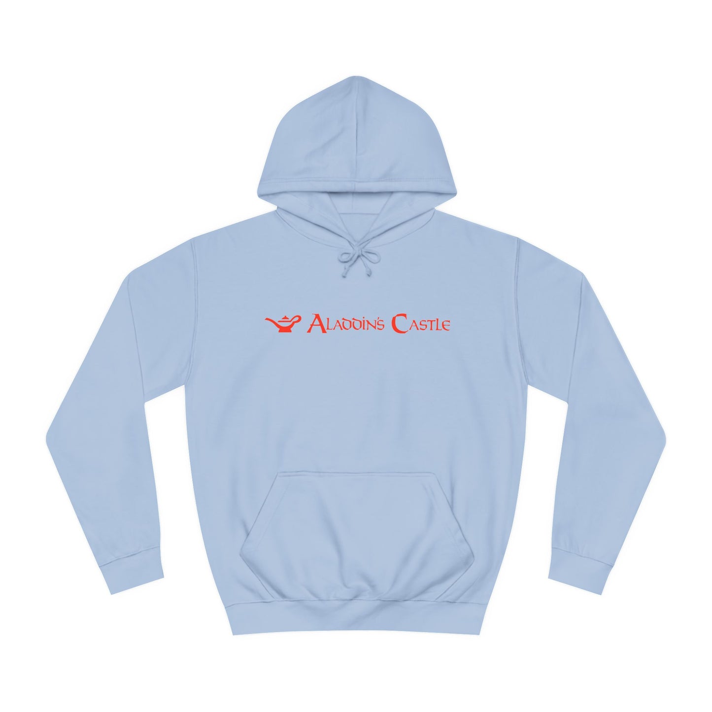 A navy blue unisex college hoodie from Printify, showcasing a red logo and the text "Aladdin's Castle Arcade" on the front. The design is simple and centered, capturing gamers' nostalgia with its casual and stylish retro 1980s vibe.