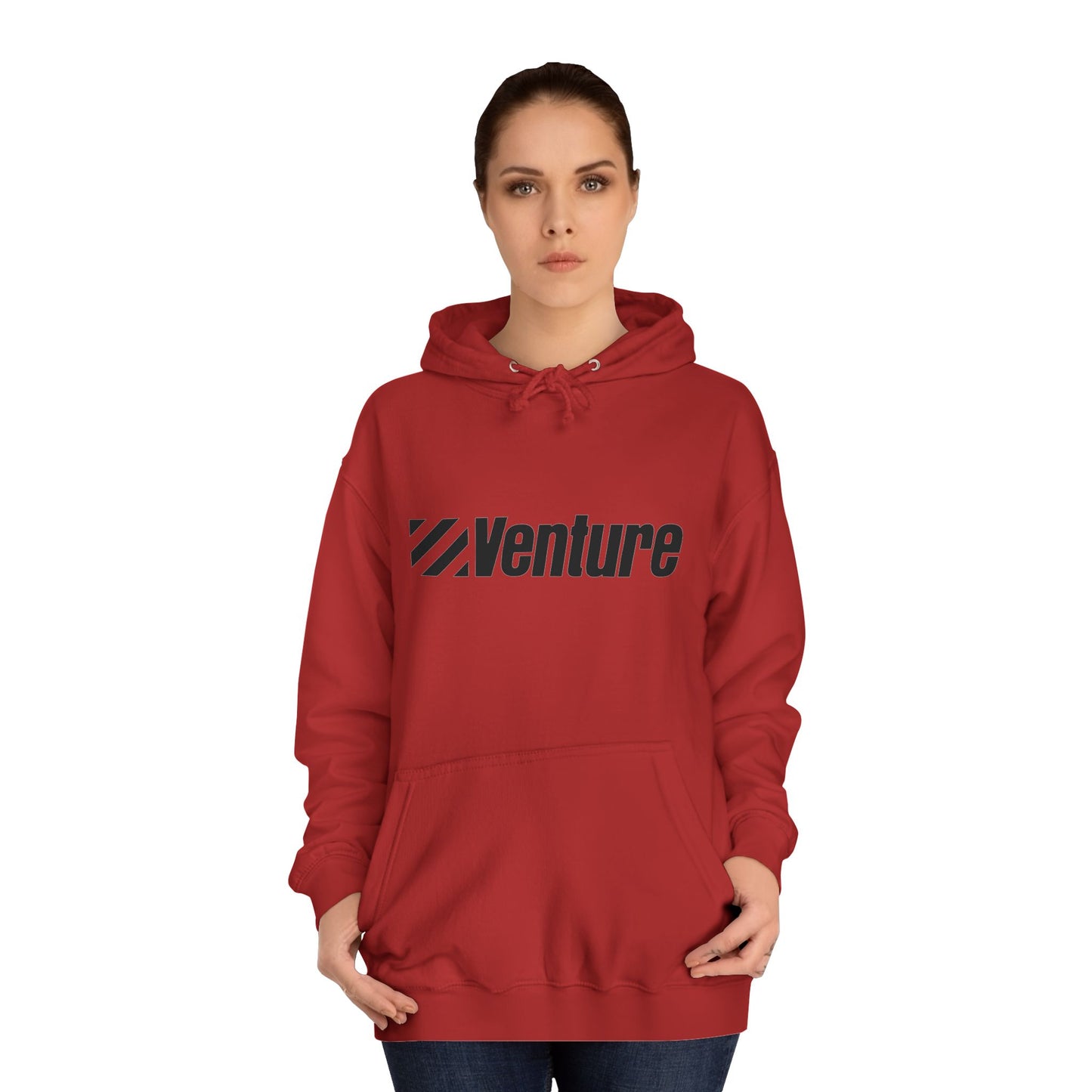 This light gray unisex college hoodie from Printify features the word "Venture" and a stylized logo printed in black on the front. It harkens back to retro retail therapy with a front pocket and drawstring hood, seamlessly blending nostalgic style with modern comfort. The product name is Venture Stores - 1980s Logo - Unisex College Hoodie.