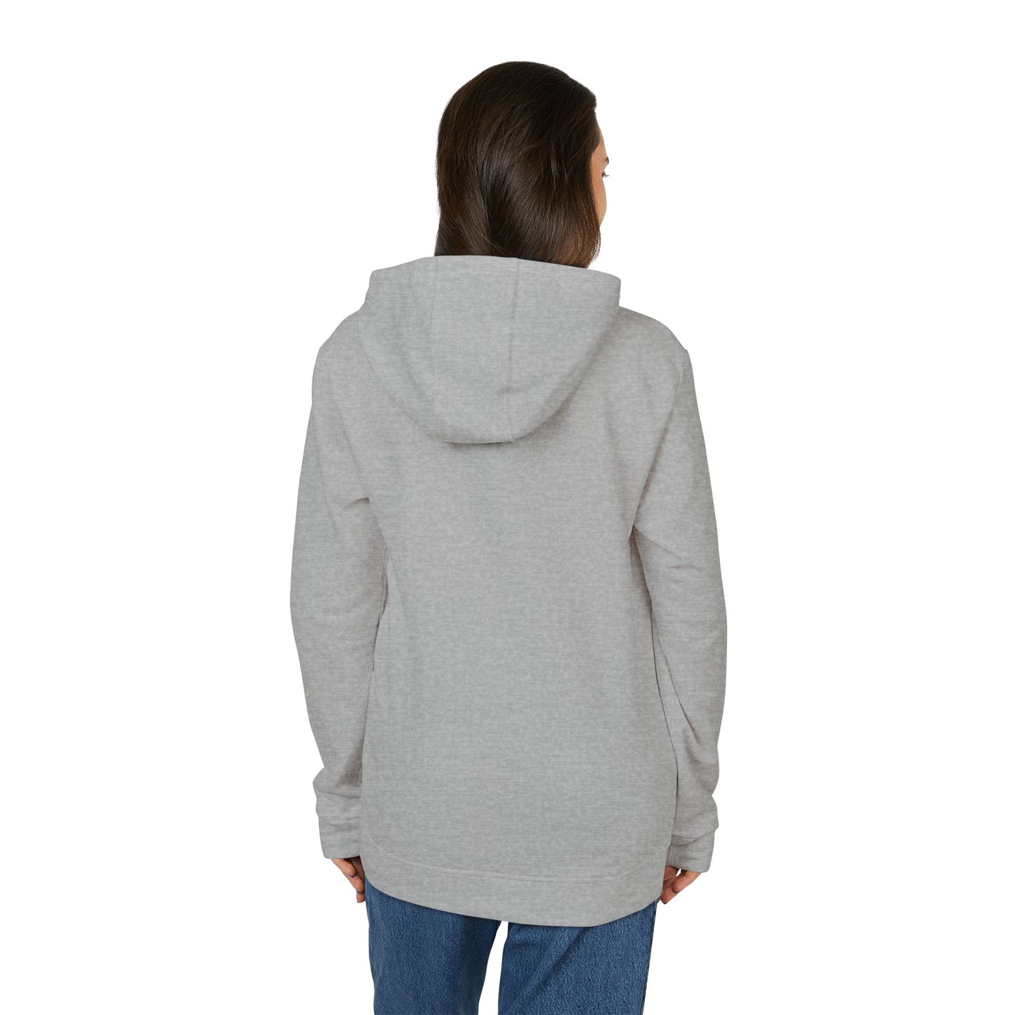 The Just the Tip - Miller Beach - Adidas® Unisex Fleece Hoodie by Printify provides cozy comfort with its modest blue graphic centrally placed on a red design. This sustainable hoodie features long sleeves and a hood, complemented by a practical front pocket, all showcased against a simple white backdrop.