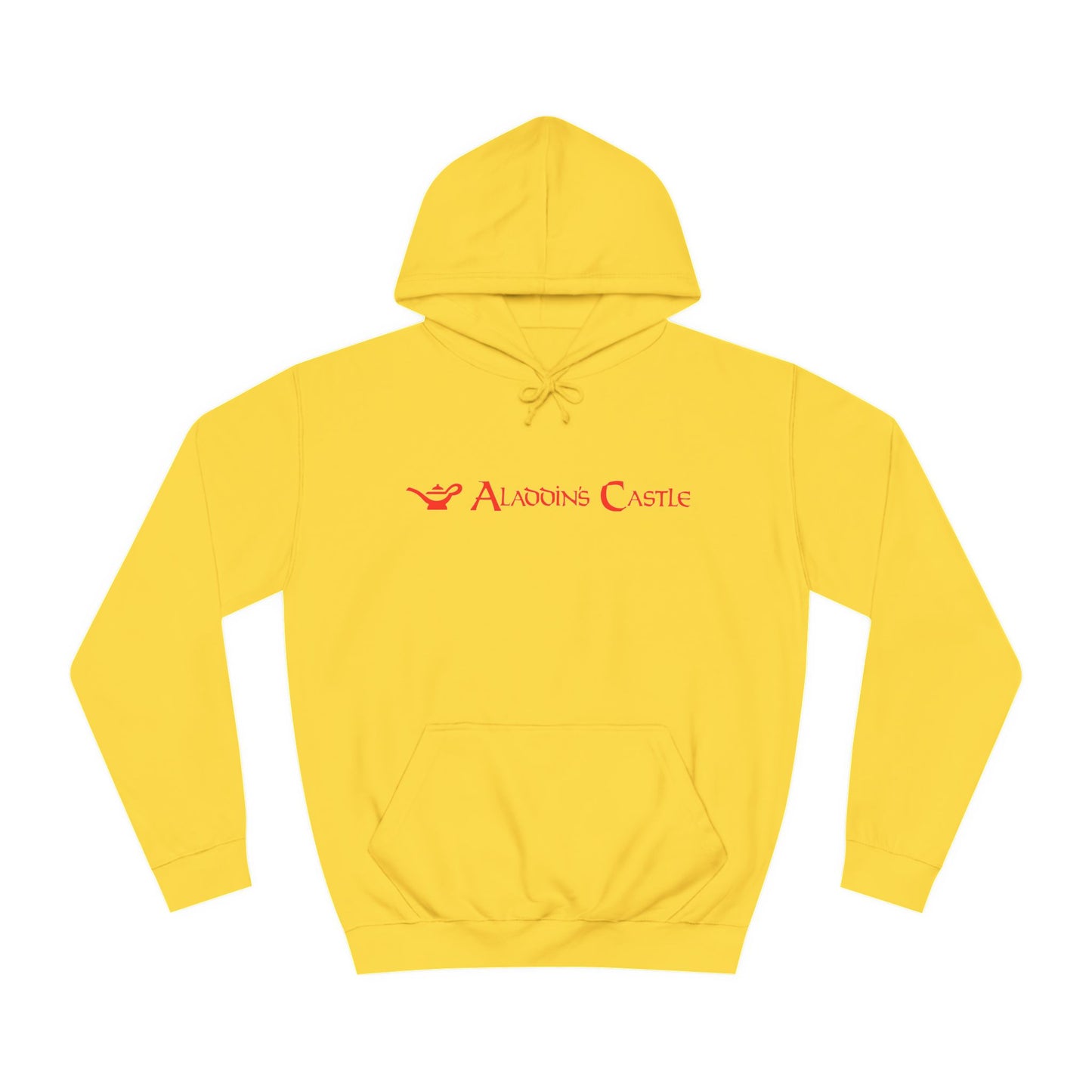 A navy blue unisex college hoodie from Printify, showcasing a red logo and the text "Aladdin's Castle Arcade" on the front. The design is simple and centered, capturing gamers' nostalgia with its casual and stylish retro 1980s vibe.