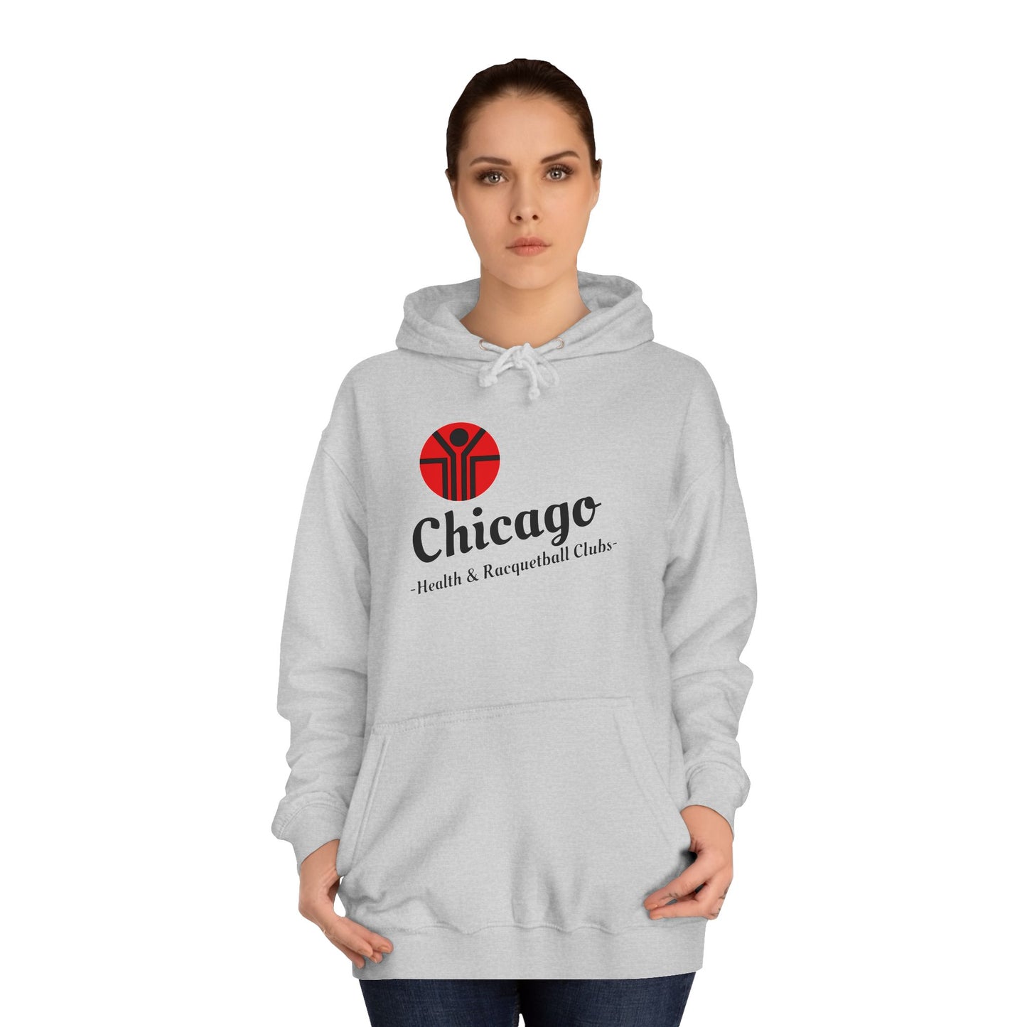 This retro hoodie from Printify features a gray design with a red and black logo depicting a stylized person reaching upward. The text "Chicago Health & Racquetball Club" adorns the front, making it perfect for vintage enthusiasts who appreciate the 1980s Chicago Health Clubs vibe. It's called the Chicago Health Clubs - Retro 1980s - Unisex College Hoodie.