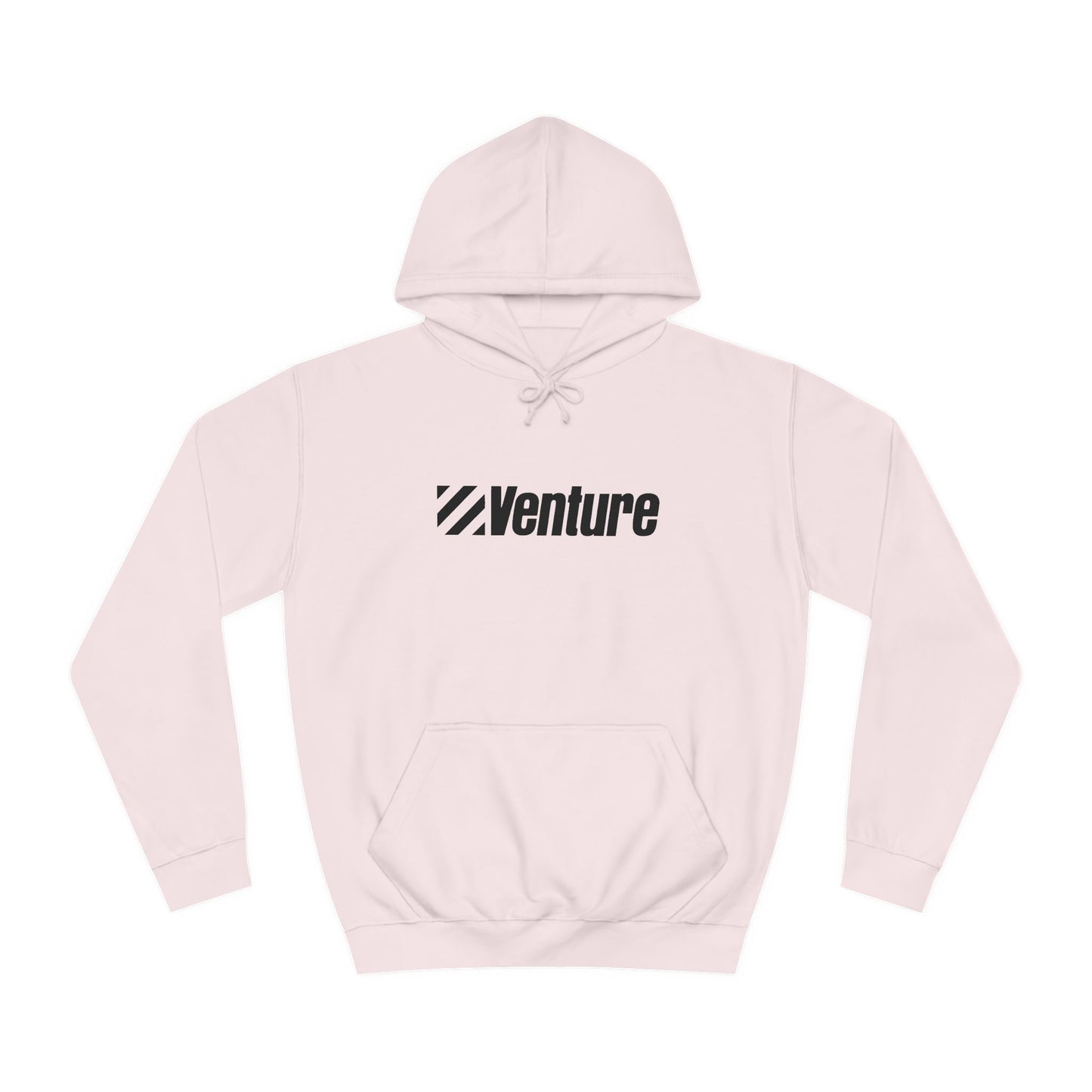 This light gray unisex college hoodie from Printify features the word "Venture" and a stylized logo printed in black on the front. It harkens back to retro retail therapy with a front pocket and drawstring hood, seamlessly blending nostalgic style with modern comfort. The product name is Venture Stores - 1980s Logo - Unisex College Hoodie.