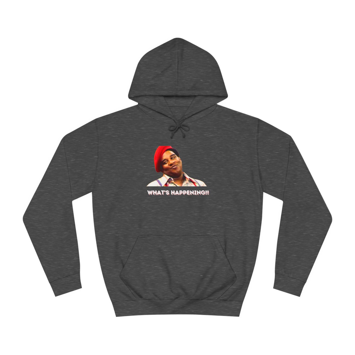 A black Printify college hoodie called "Rerun - Fred Barry - What's Happening!!" featuring an image of Fred Berry smiling and wearing his iconic red cap, with "WHAT'S HAPPENING!!" printed in white letters.