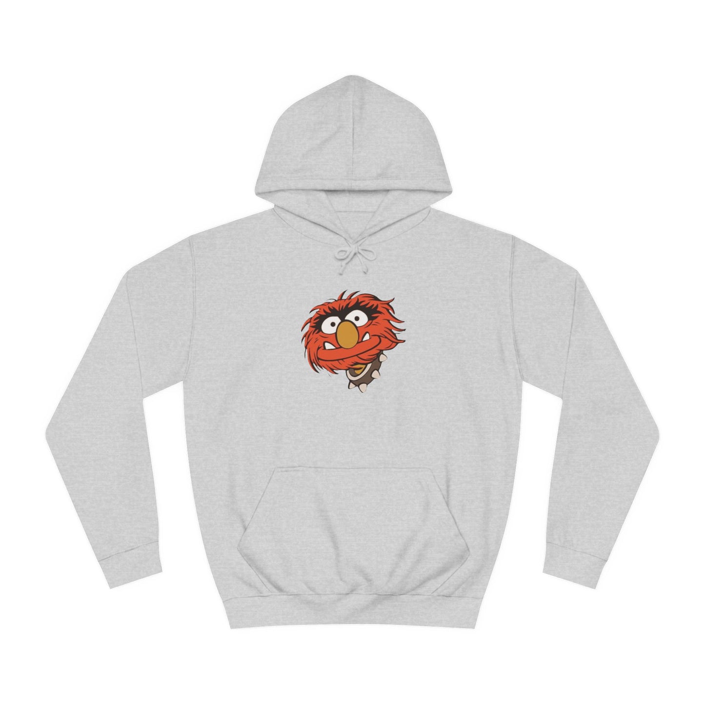 This comfy unisex college hoodie by Printify showcases a vibrant design of a cartoon character with wild orange hair, bulging eyes, and a broad grin on the front, embodying that lively spirit. It's like wearing the Animal - The Muppets hoodie without sacrificing comfort.