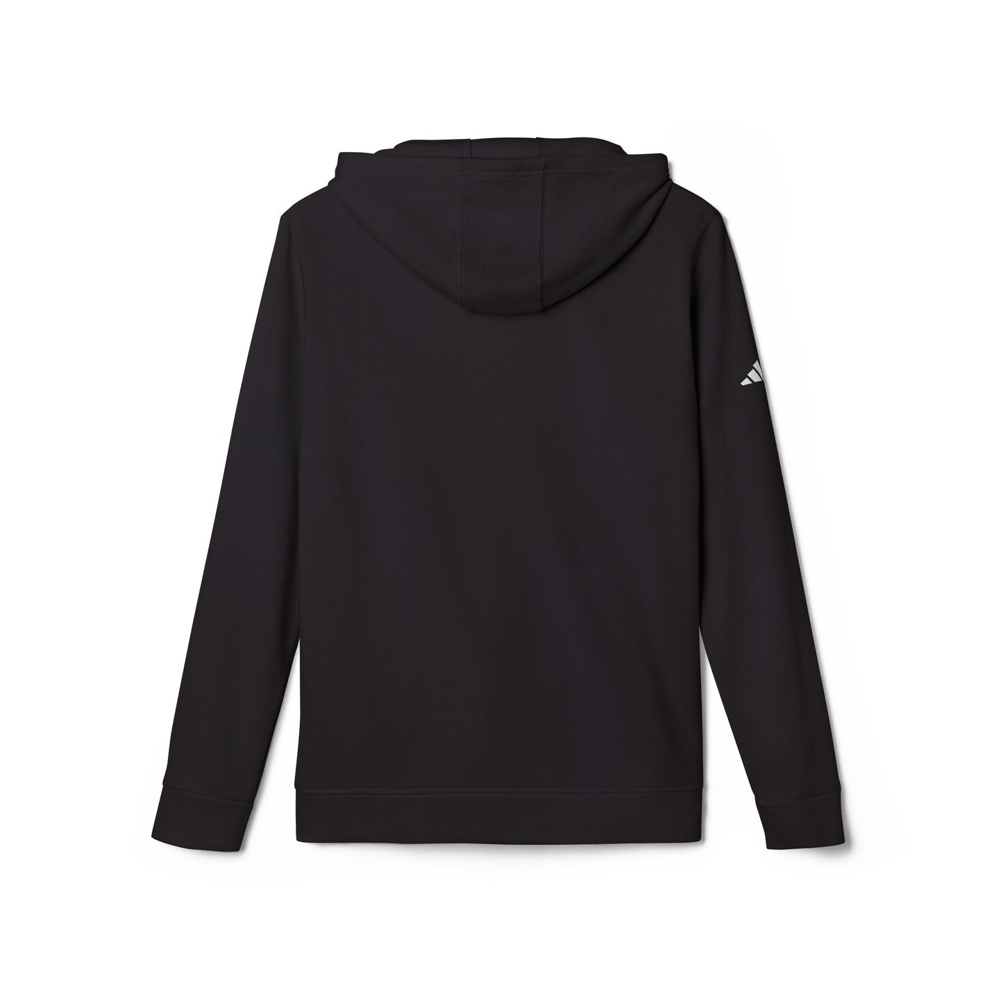 The Just the Tip - Miller Beach - Adidas® Unisex Fleece Hoodie by Printify provides cozy comfort with its modest blue graphic centrally placed on a red design. This sustainable hoodie features long sleeves and a hood, complemented by a practical front pocket, all showcased against a simple white backdrop.