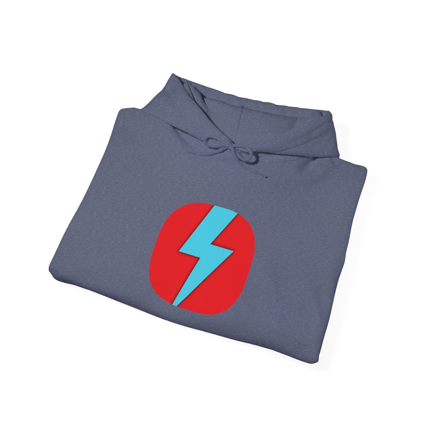 Introducing the Printify SoCool Shirts Logo - Unisex Heavy Blend™ Hooded Sweatshirt: a blue pullover featuring a front pocket and drawstring hood. Adorned with a striking red circle logo and a light blue lightning bolt at its center, this sweatshirt is both fashionable and versatile for any wardrobe.
