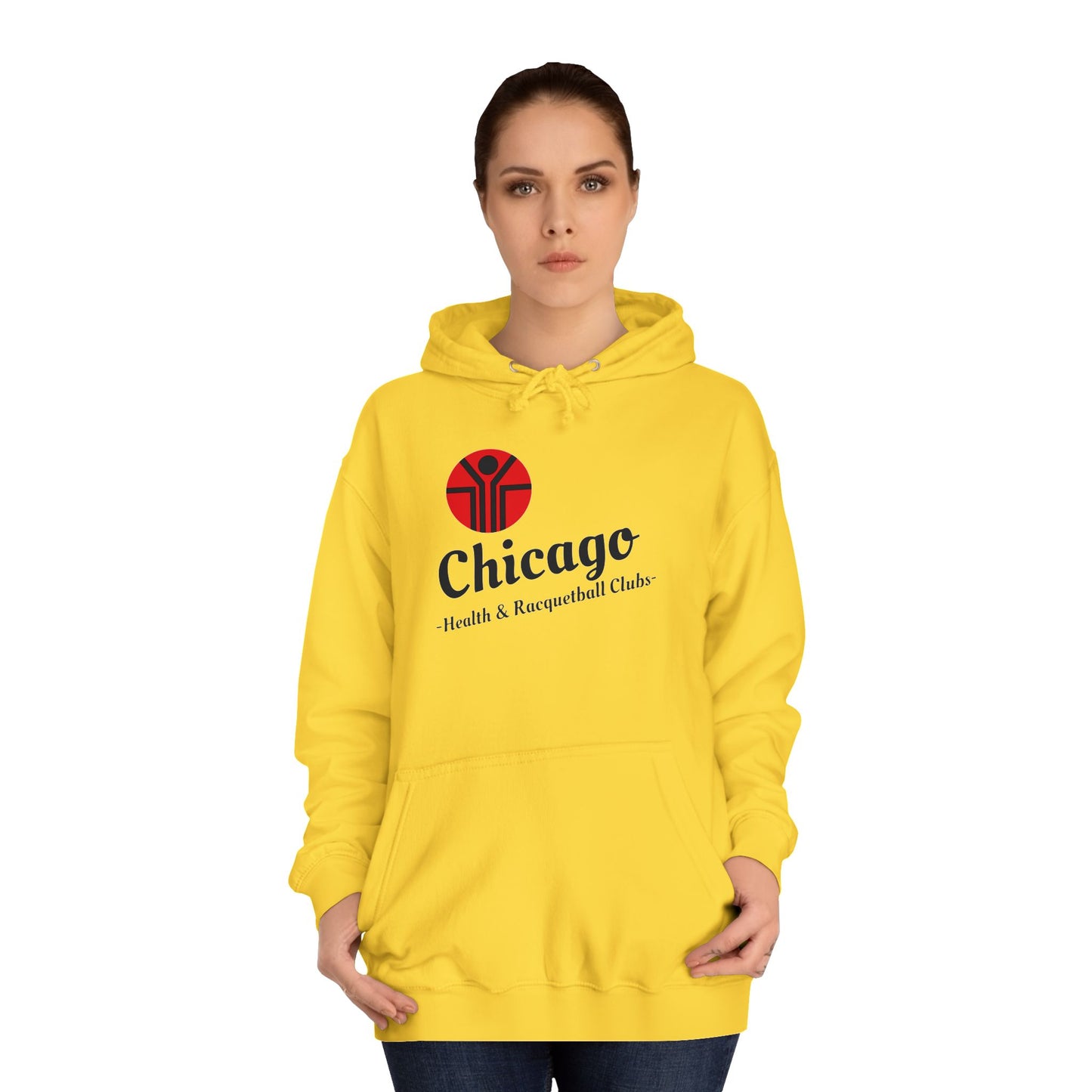 This retro hoodie from Printify features a gray design with a red and black logo depicting a stylized person reaching upward. The text "Chicago Health & Racquetball Club" adorns the front, making it perfect for vintage enthusiasts who appreciate the 1980s Chicago Health Clubs vibe. It's called the Chicago Health Clubs - Retro 1980s - Unisex College Hoodie.