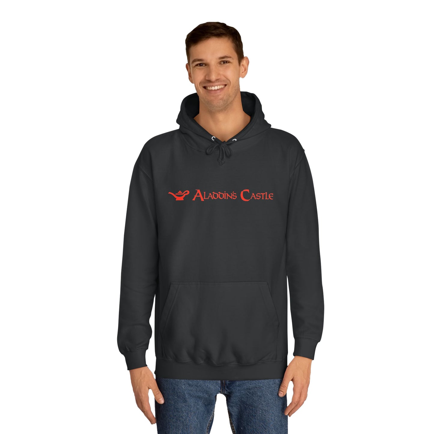 A navy blue unisex college hoodie from Printify, showcasing a red logo and the text "Aladdin's Castle Arcade" on the front. The design is simple and centered, capturing gamers' nostalgia with its casual and stylish retro 1980s vibe.
