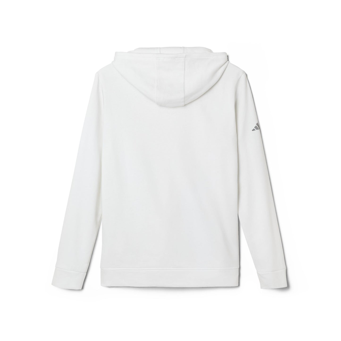 The Just the Tip - Miller Beach - Adidas® Unisex Fleece Hoodie by Printify provides cozy comfort with its modest blue graphic centrally placed on a red design. This sustainable hoodie features long sleeves and a hood, complemented by a practical front pocket, all showcased against a simple white backdrop.