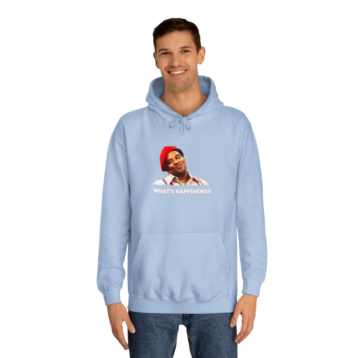 A black Printify college hoodie called "Rerun - Fred Barry - What's Happening!!" featuring an image of Fred Berry smiling and wearing his iconic red cap, with "WHAT'S HAPPENING!!" printed in white letters.
