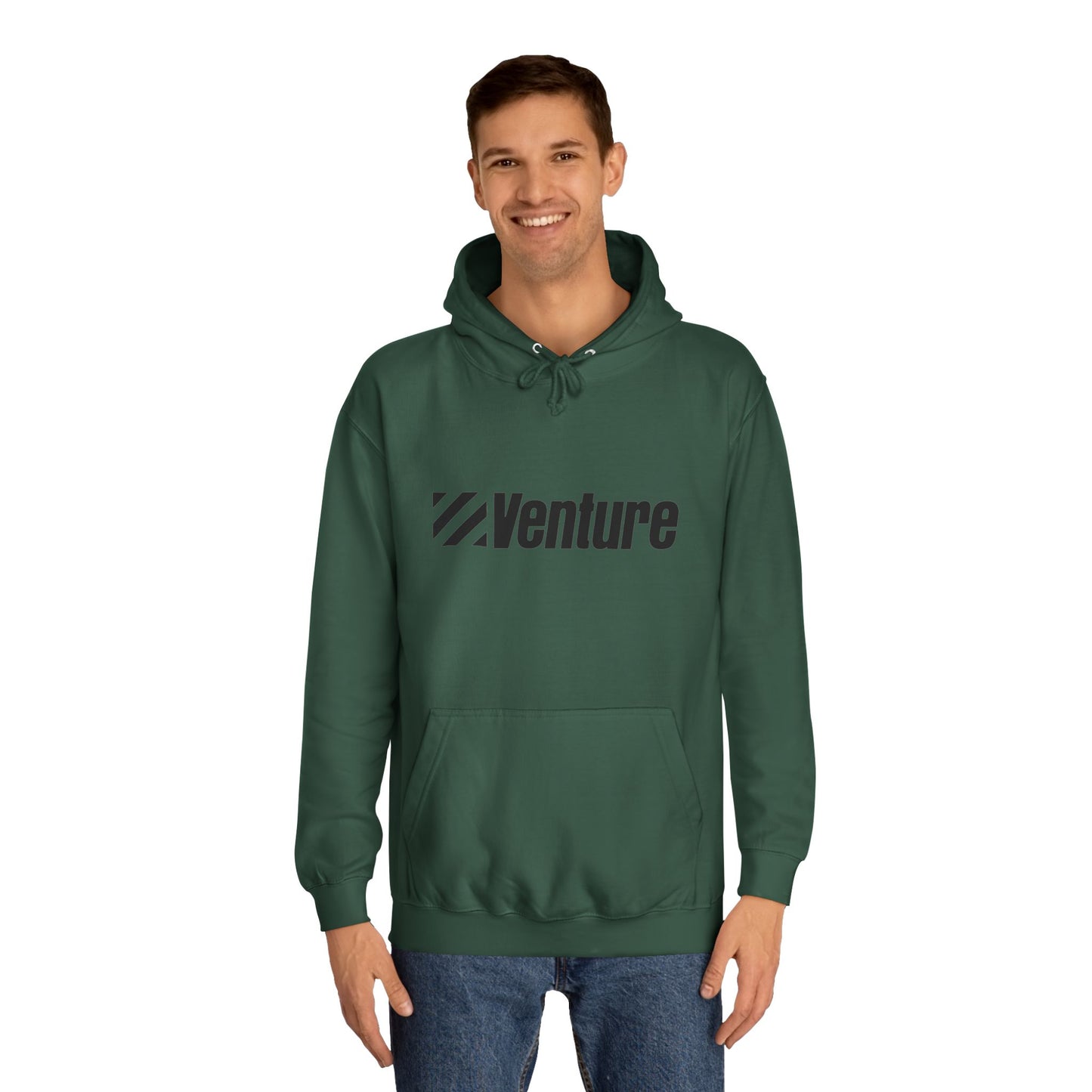This light gray unisex college hoodie from Printify features the word "Venture" and a stylized logo printed in black on the front. It harkens back to retro retail therapy with a front pocket and drawstring hood, seamlessly blending nostalgic style with modern comfort. The product name is Venture Stores - 1980s Logo - Unisex College Hoodie.