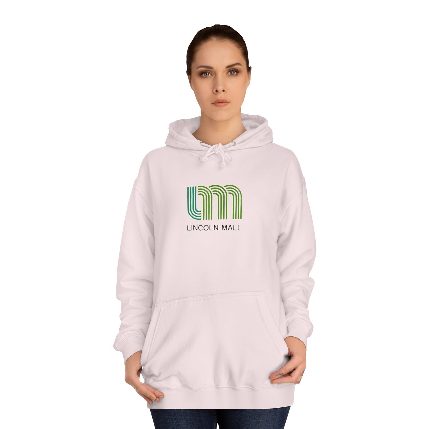 This unisex college hoodie by Printify features a gray design with a stylized green "LM" logo above the text "Lincoln Mall," inspired by the 1980s. It comes complete with a front pocket and drawstrings, capturing the retro style of Lincoln Mall, Matteson, IL.