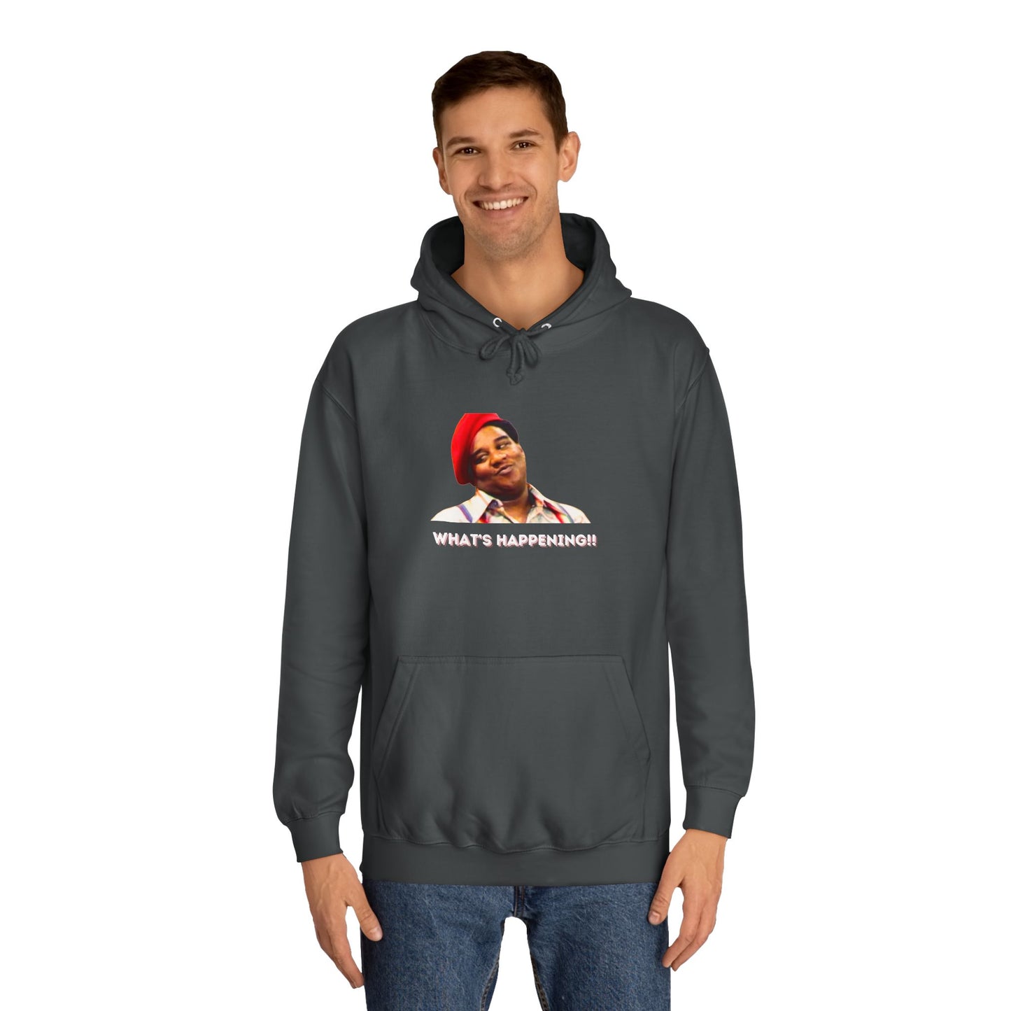 A black Printify college hoodie called "Rerun - Fred Barry - What's Happening!!" featuring an image of Fred Berry smiling and wearing his iconic red cap, with "WHAT'S HAPPENING!!" printed in white letters.