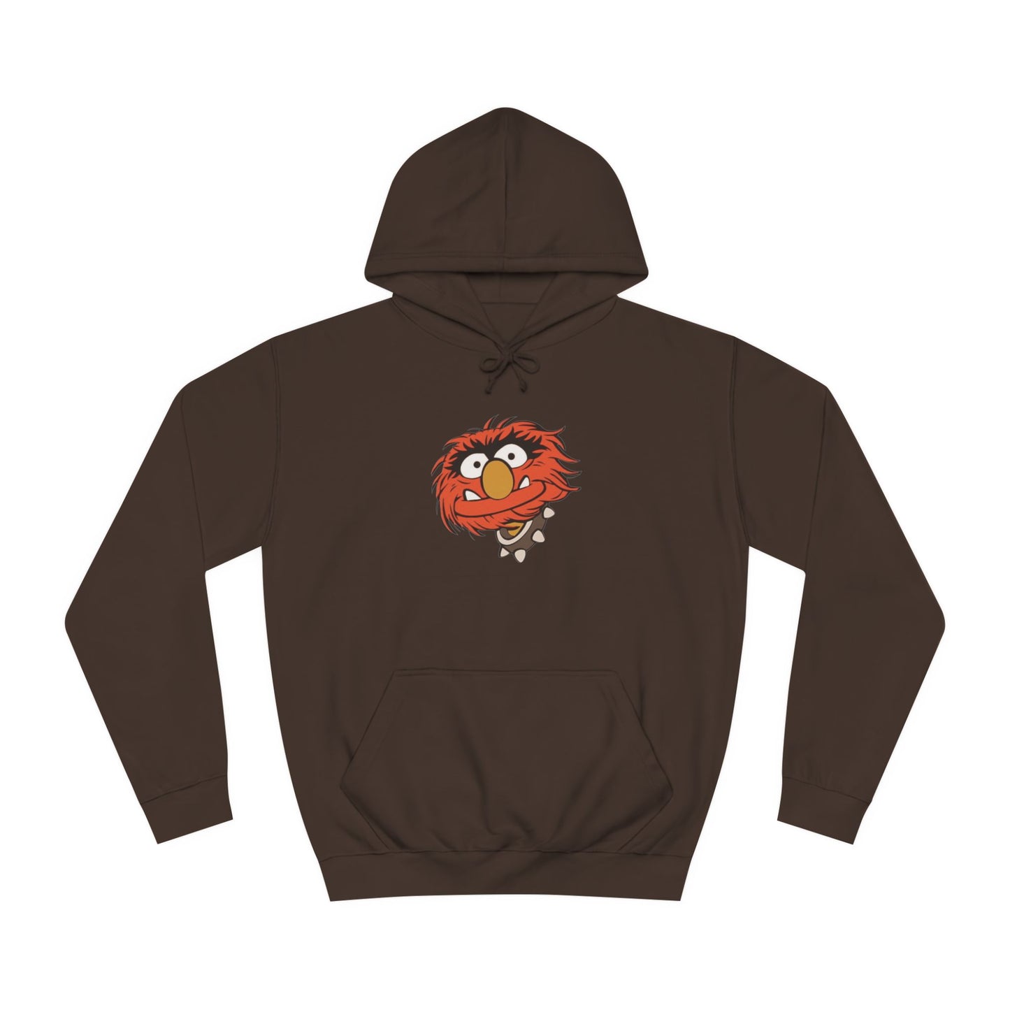 This comfy unisex college hoodie by Printify showcases a vibrant design of a cartoon character with wild orange hair, bulging eyes, and a broad grin on the front, embodying that lively spirit. It's like wearing the Animal - The Muppets hoodie without sacrificing comfort.