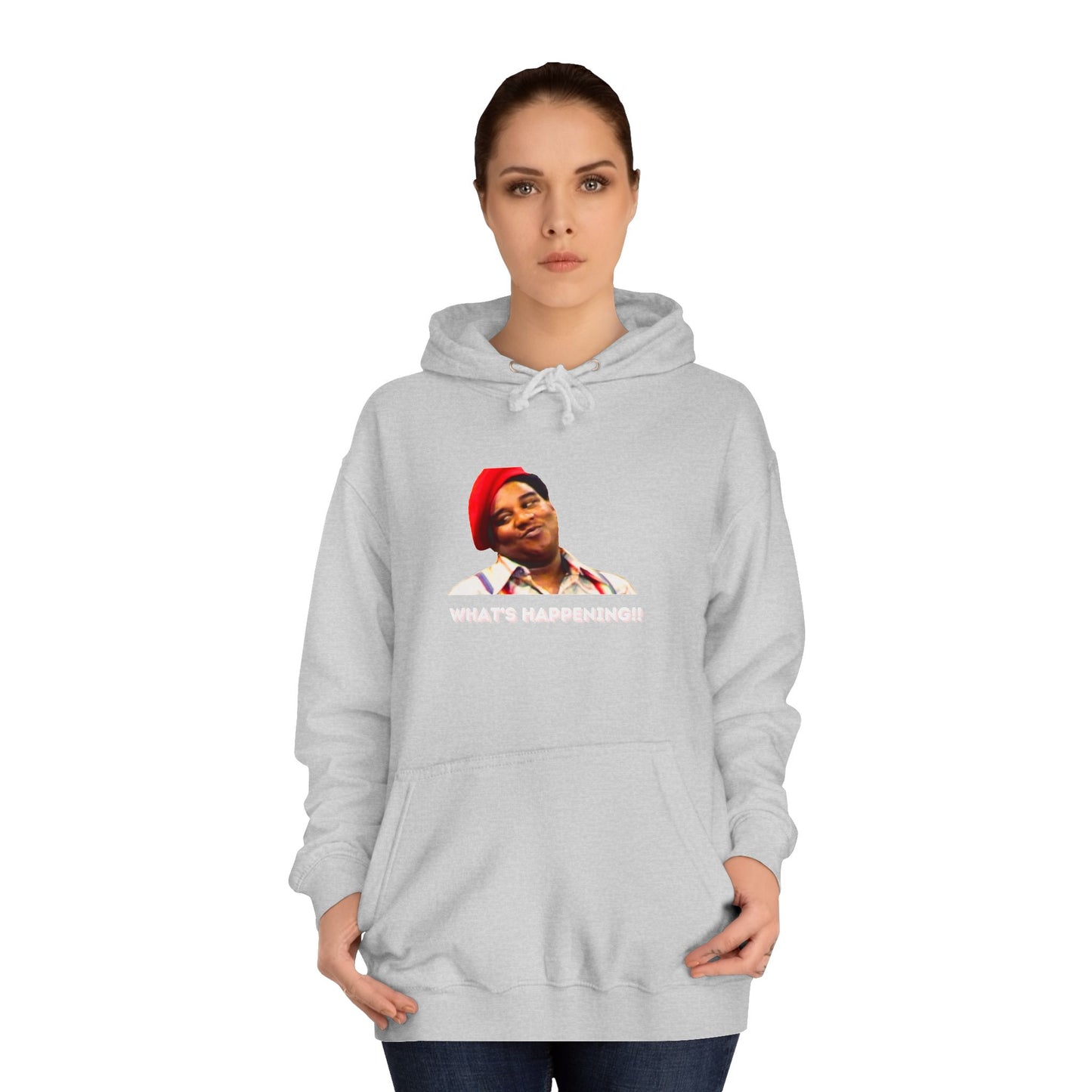 A black Printify college hoodie called "Rerun - Fred Barry - What's Happening!!" featuring an image of Fred Berry smiling and wearing his iconic red cap, with "WHAT'S HAPPENING!!" printed in white letters.