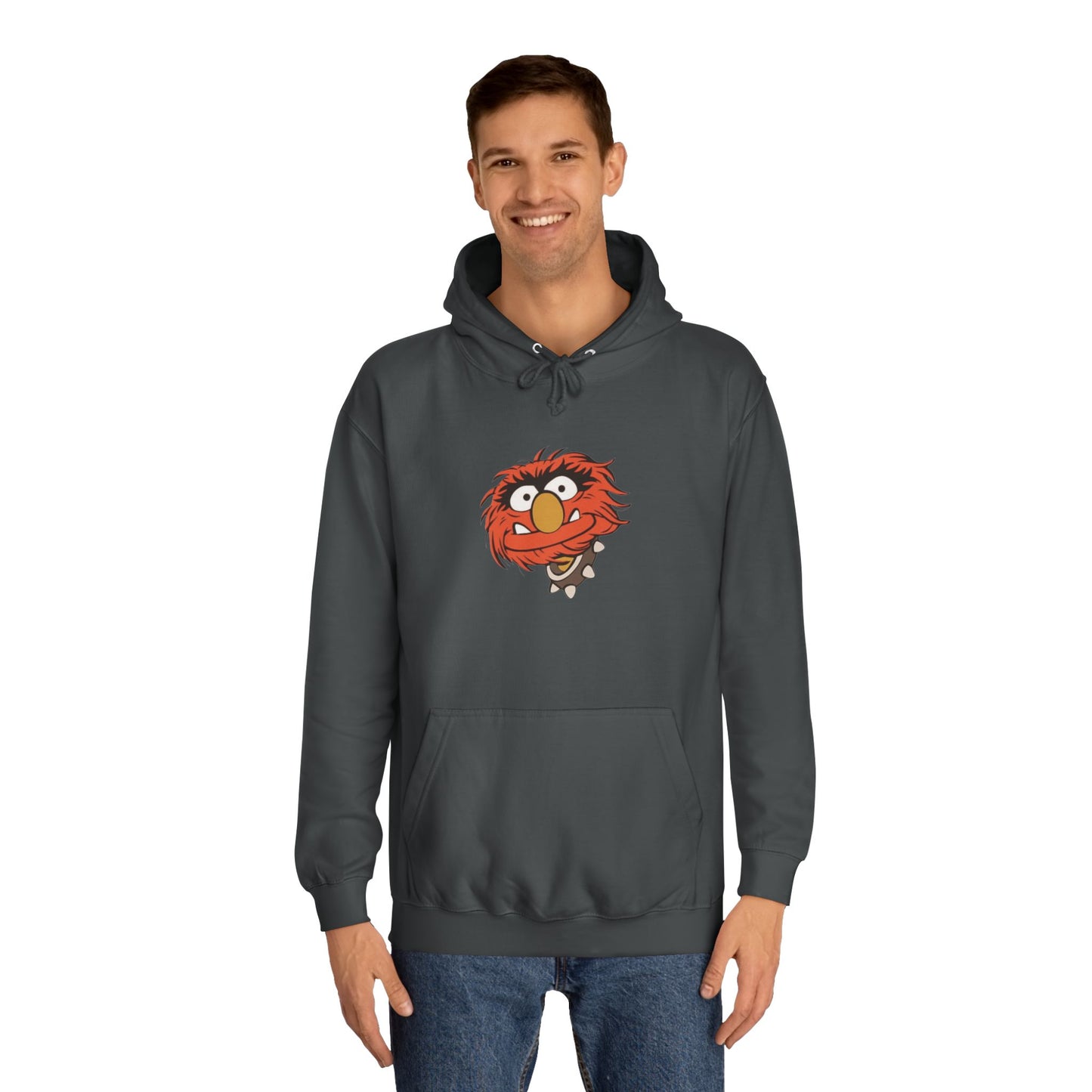 This comfy unisex college hoodie by Printify showcases a vibrant design of a cartoon character with wild orange hair, bulging eyes, and a broad grin on the front, embodying that lively spirit. It's like wearing the Animal - The Muppets hoodie without sacrificing comfort.