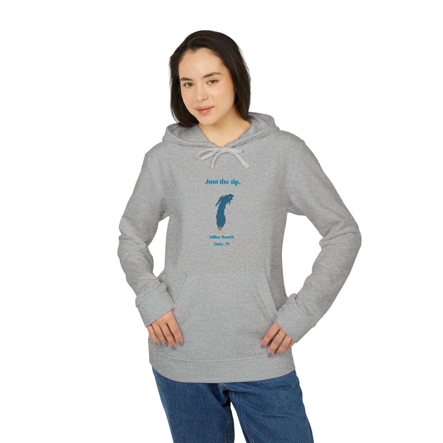 The Just the Tip - Miller Beach - Adidas® Unisex Fleece Hoodie by Printify provides cozy comfort with its modest blue graphic centrally placed on a red design. This sustainable hoodie features long sleeves and a hood, complemented by a practical front pocket, all showcased against a simple white backdrop.