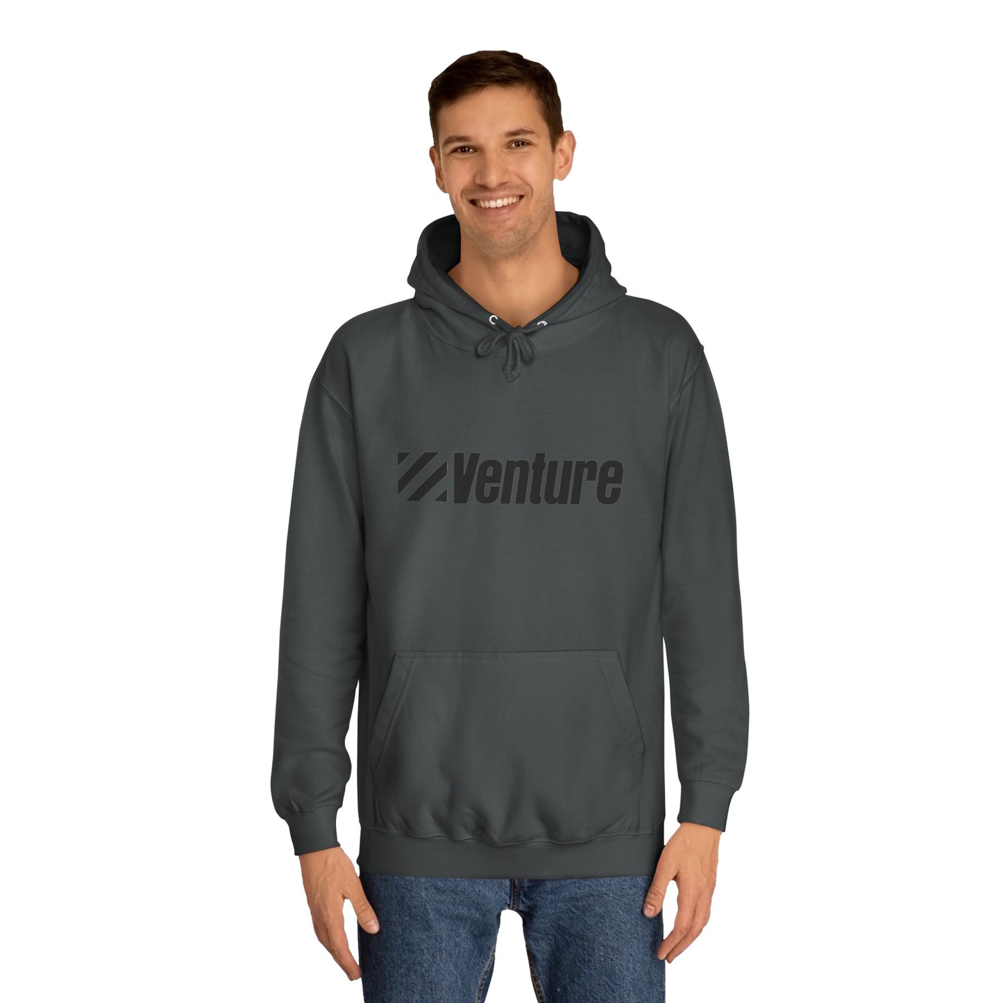 This light gray unisex college hoodie from Printify features the word "Venture" and a stylized logo printed in black on the front. It harkens back to retro retail therapy with a front pocket and drawstring hood, seamlessly blending nostalgic style with modern comfort. The product name is Venture Stores - 1980s Logo - Unisex College Hoodie.