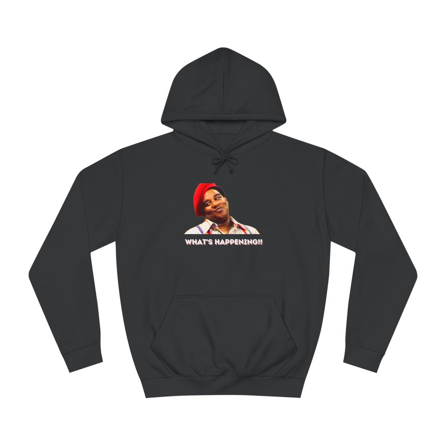A black Printify college hoodie called "Rerun - Fred Barry - What's Happening!!" featuring an image of Fred Berry smiling and wearing his iconic red cap, with "WHAT'S HAPPENING!!" printed in white letters.