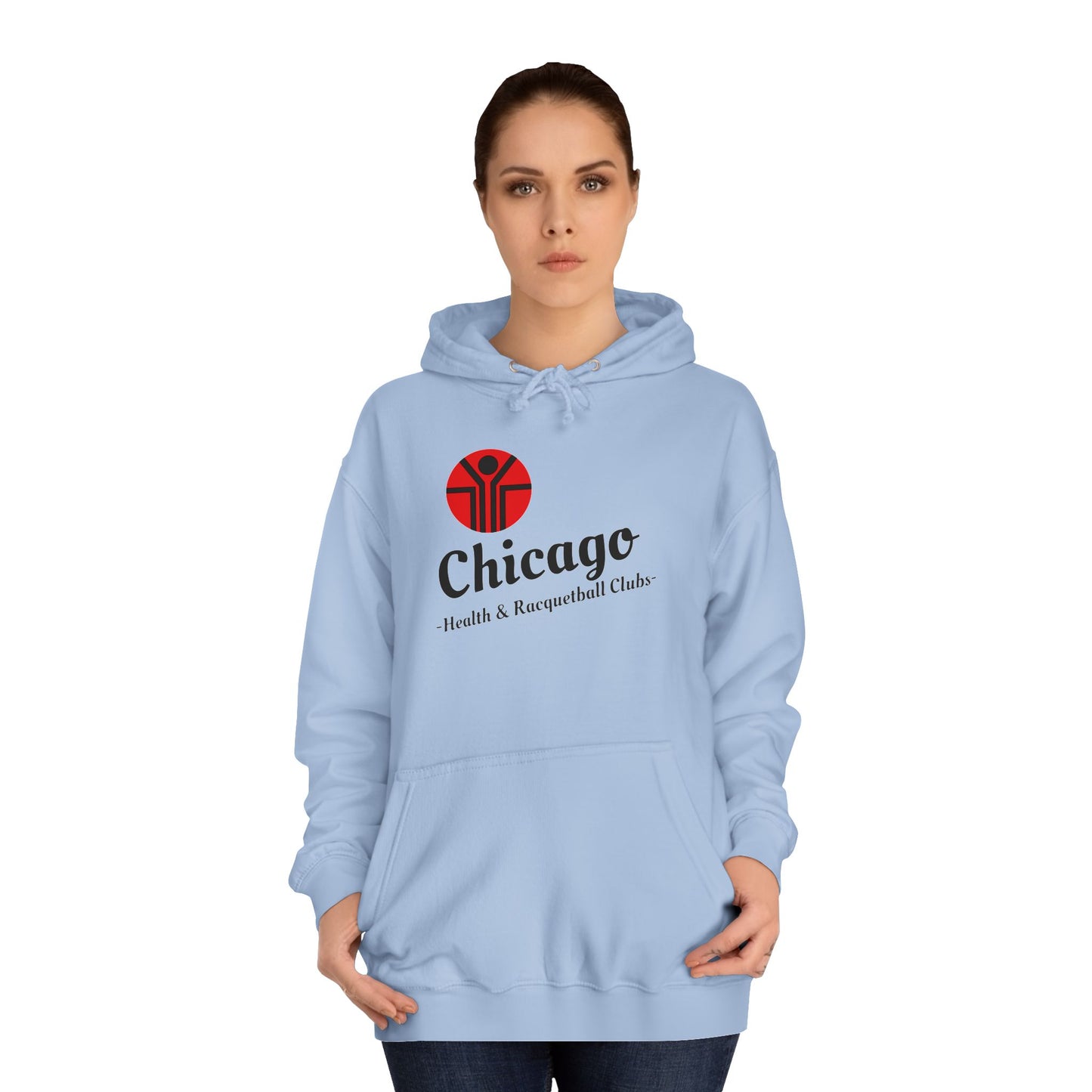 This retro hoodie from Printify features a gray design with a red and black logo depicting a stylized person reaching upward. The text "Chicago Health & Racquetball Club" adorns the front, making it perfect for vintage enthusiasts who appreciate the 1980s Chicago Health Clubs vibe. It's called the Chicago Health Clubs - Retro 1980s - Unisex College Hoodie.
