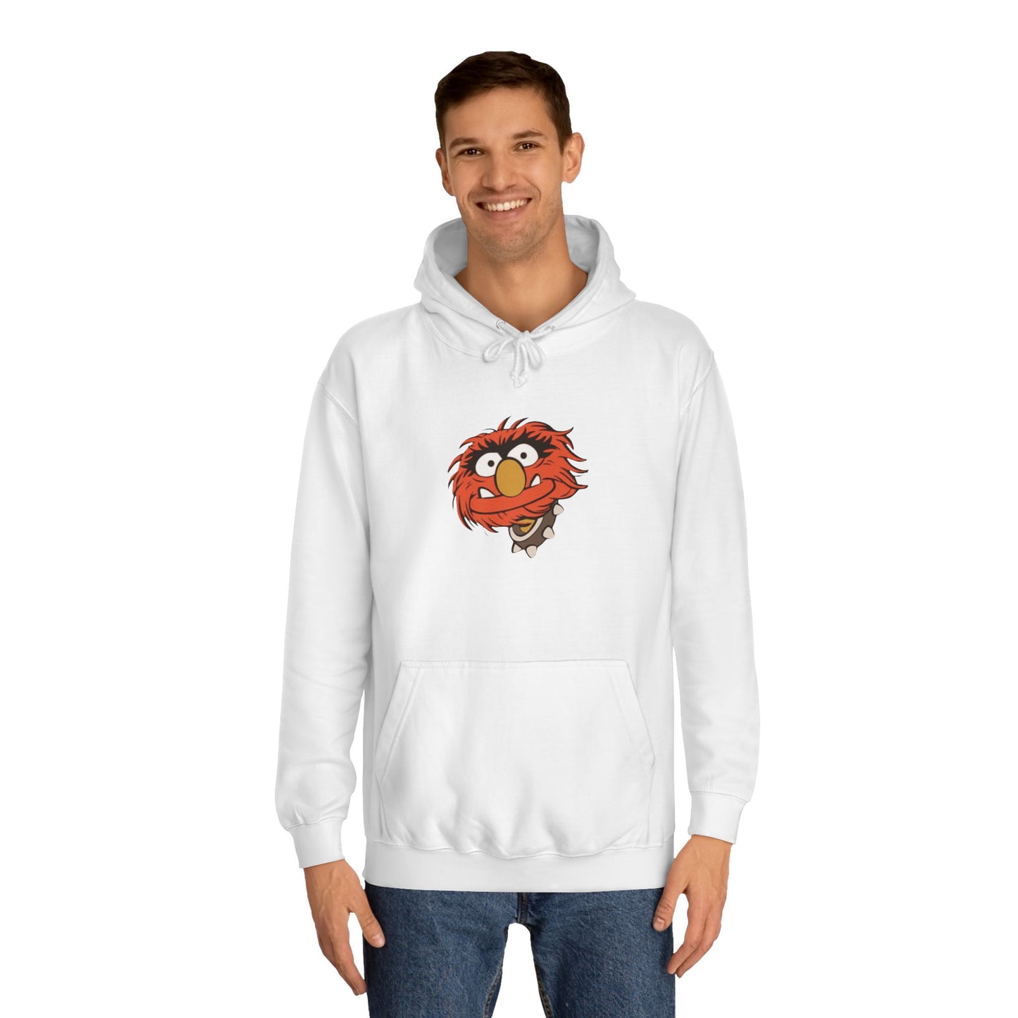 This comfy unisex college hoodie by Printify showcases a vibrant design of a cartoon character with wild orange hair, bulging eyes, and a broad grin on the front, embodying that lively spirit. It's like wearing the Animal - The Muppets hoodie without sacrificing comfort.