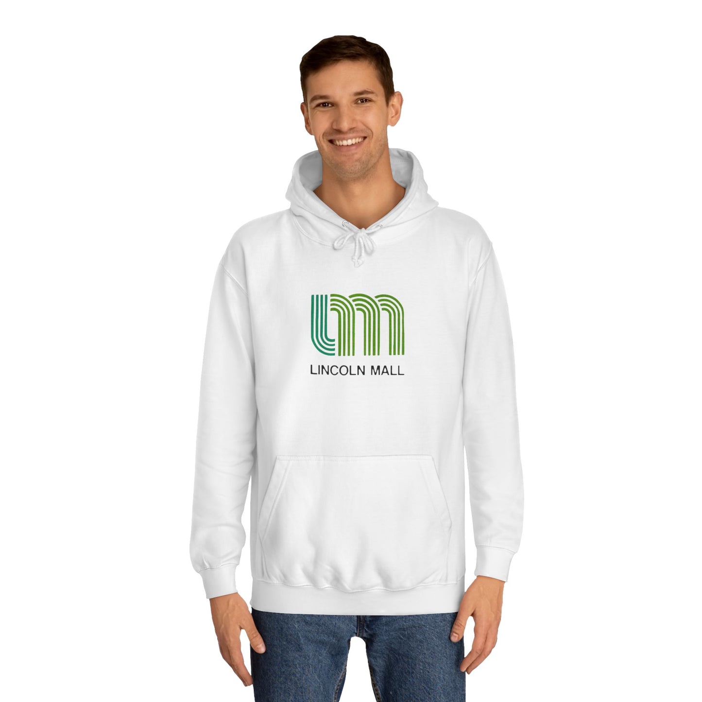 This unisex college hoodie by Printify features a gray design with a stylized green "LM" logo above the text "Lincoln Mall," inspired by the 1980s. It comes complete with a front pocket and drawstrings, capturing the retro style of Lincoln Mall, Matteson, IL.