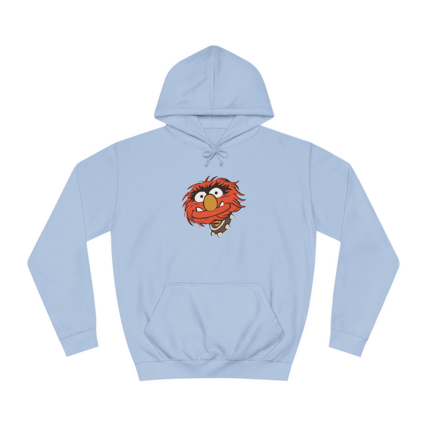 This comfy unisex college hoodie by Printify showcases a vibrant design of a cartoon character with wild orange hair, bulging eyes, and a broad grin on the front, embodying that lively spirit. It's like wearing the Animal - The Muppets hoodie without sacrificing comfort.