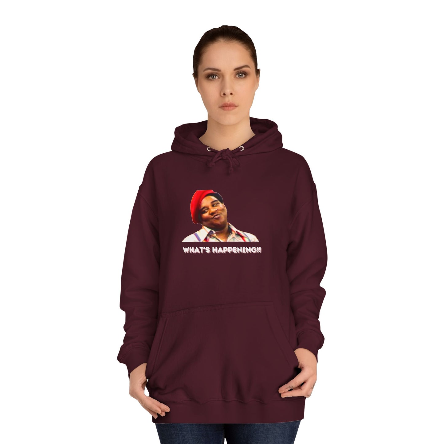 A black Printify college hoodie called "Rerun - Fred Barry - What's Happening!!" featuring an image of Fred Berry smiling and wearing his iconic red cap, with "WHAT'S HAPPENING!!" printed in white letters.