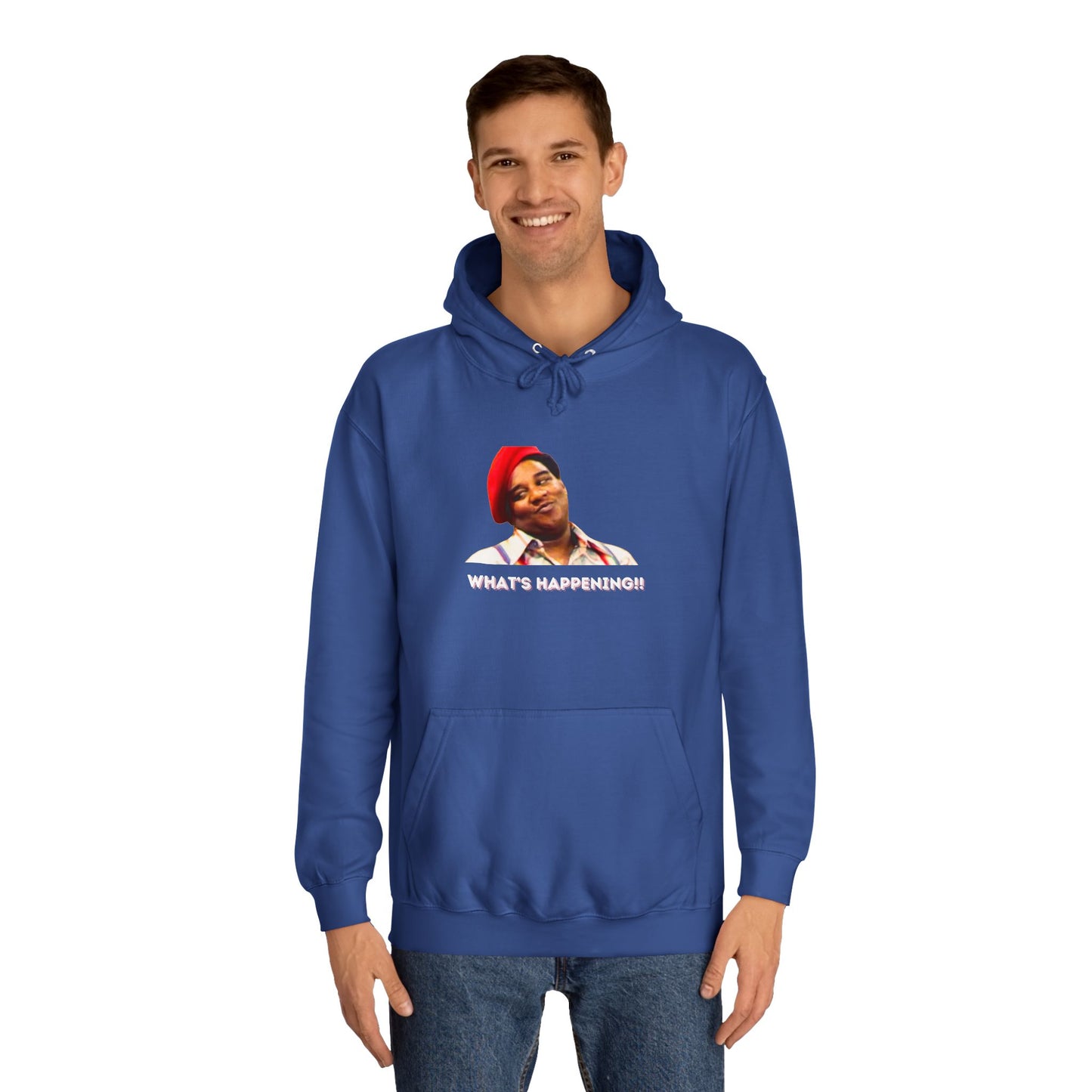 A black Printify college hoodie called "Rerun - Fred Barry - What's Happening!!" featuring an image of Fred Berry smiling and wearing his iconic red cap, with "WHAT'S HAPPENING!!" printed in white letters.